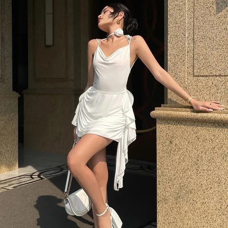 Rose Neck Tie Mini Dress