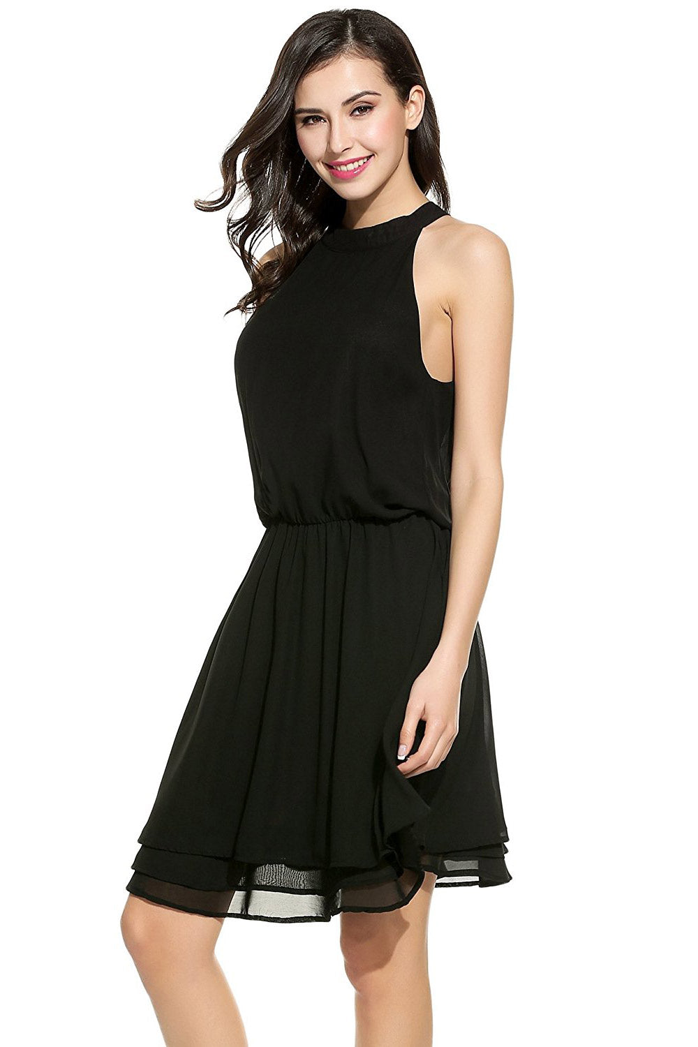 Ruffled Keyhole Back Pleated Chiffon Dress