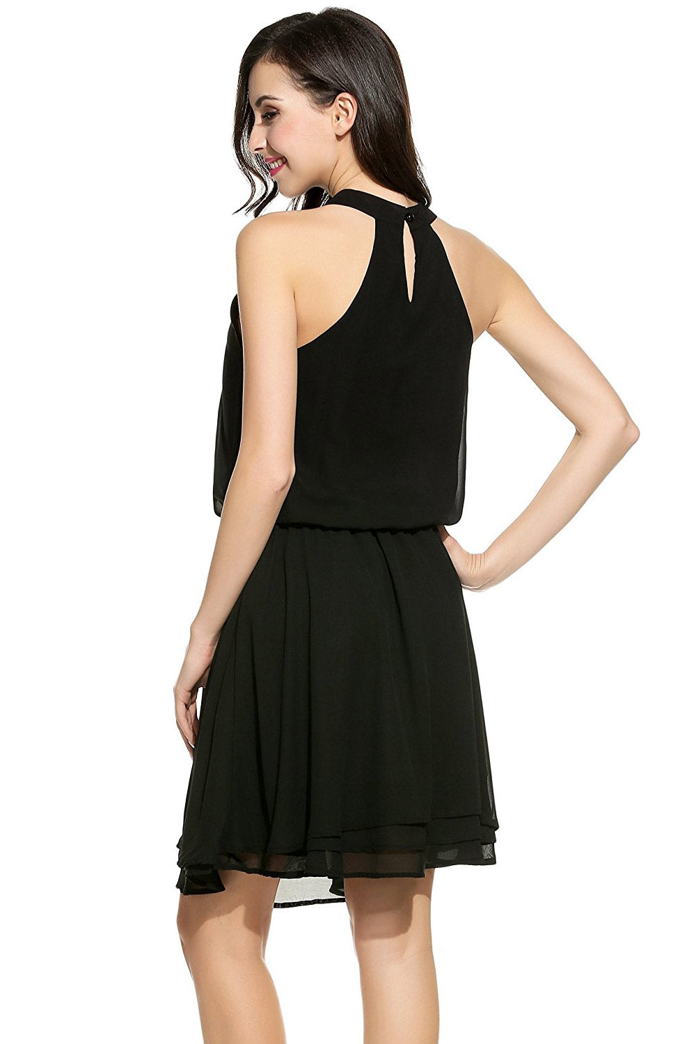 Ruffled Keyhole Back Pleated Chiffon Dress