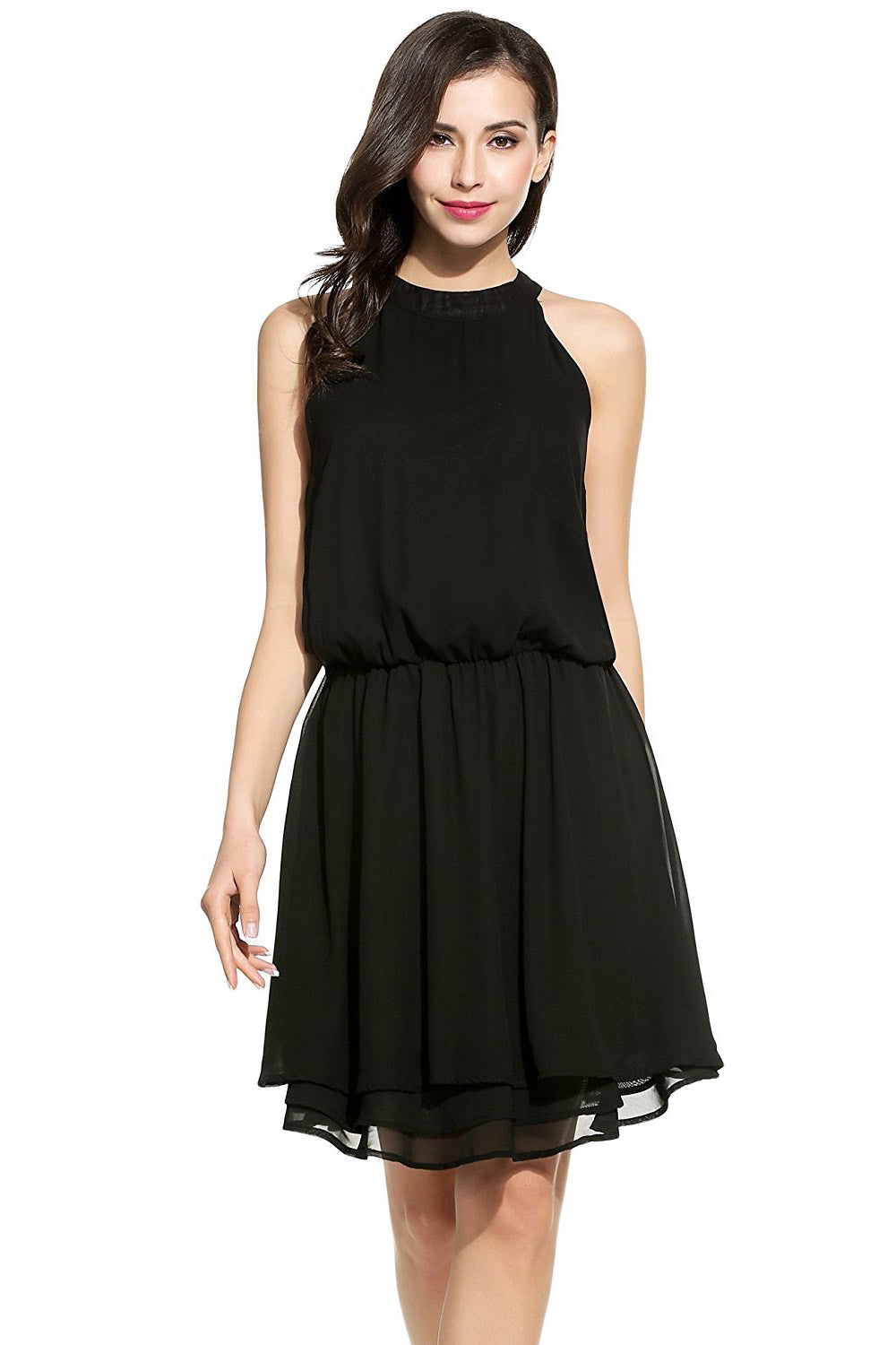 Ruffled Keyhole Back Pleated Chiffon Dress - Mislish