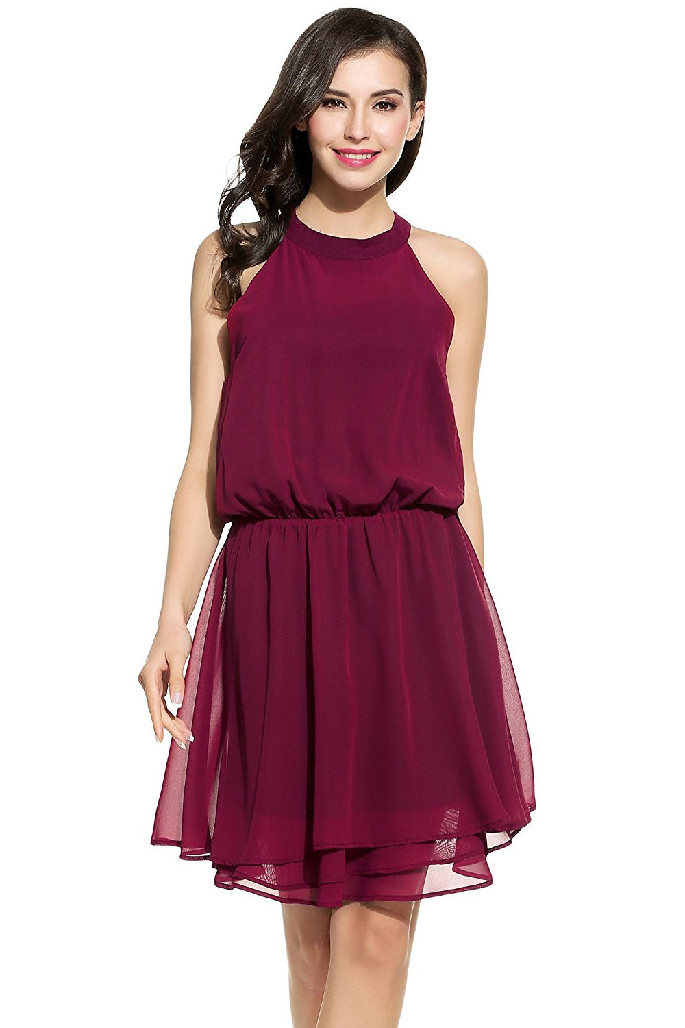 Ruffled Keyhole Back Pleated Chiffon Dress - Mislish