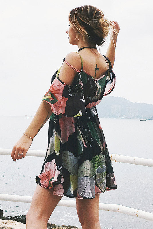 Ruffled Off-the-shoulder Spaghetti Straps Floral Dress