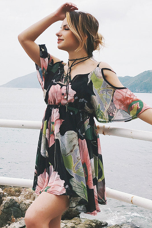 Ruffled Off-the-shoulder Spaghetti Straps Floral Dress