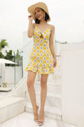 Ruffled Printed Cut Out Knot Front Short Dress - Mislish