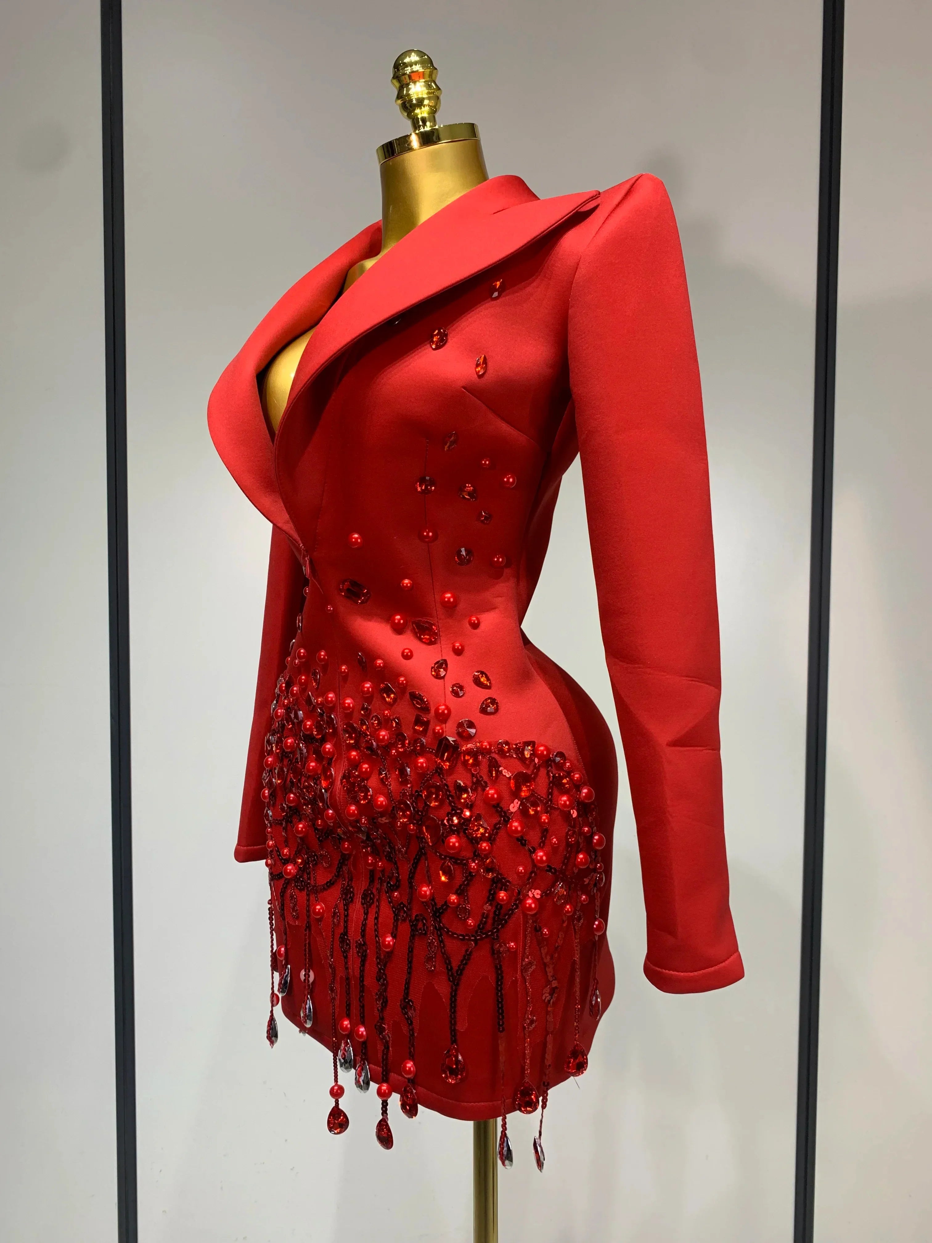 Luxury Rhinestone Deep V-Neck Slim Fit Red Suit Dress New Fashion Celebirty Elegant Evening Club Party Dresses