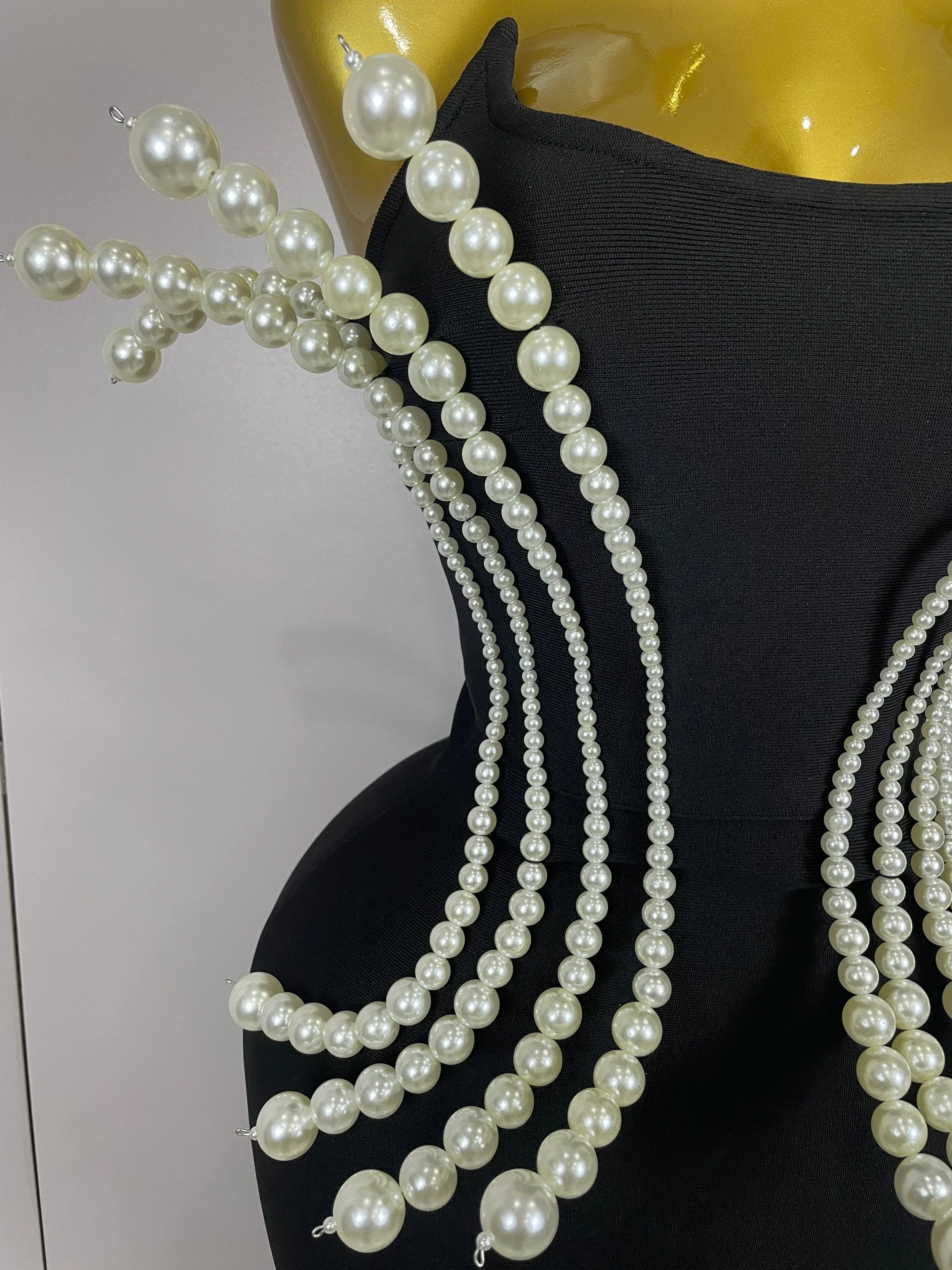 Sexy Strapless Pearl Beading Bodycon Long Bandage Dress  Women Fashion Elegant Evening Party Luxury Birthday Dresses