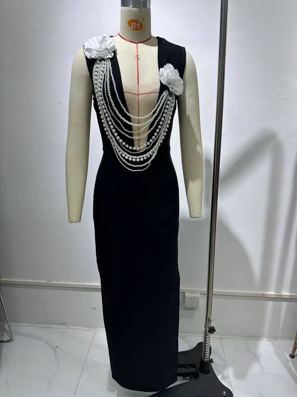 Women Sexy Sleeveless Pearl Beading Bodycon Bandage Long Dress Celebrate Evening Party Nightclub Outfit Vestido