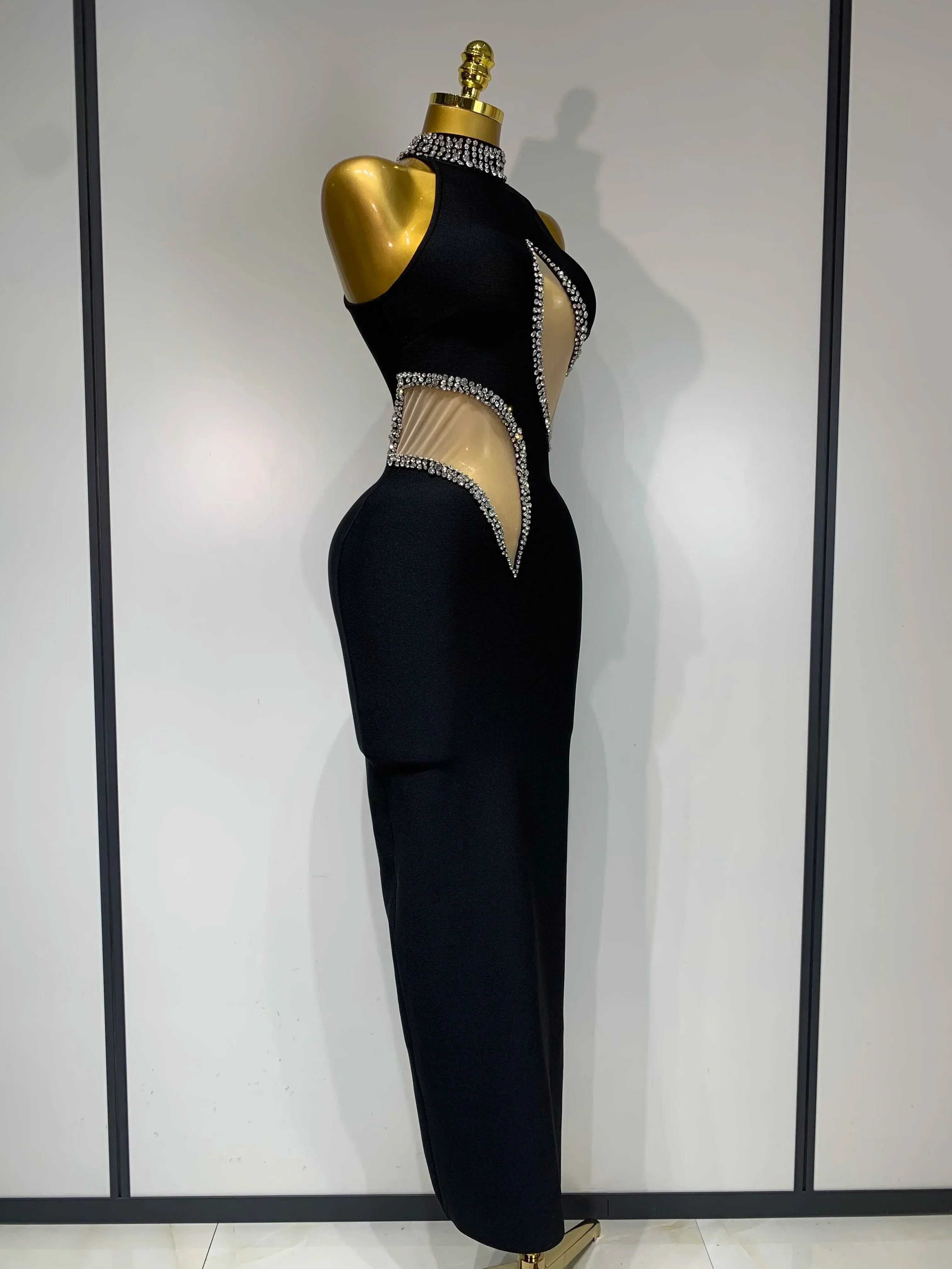 Women Sexy Rhinestone Black Sleeveless Mesh Patchwork Stretch Bodycon Bandage Party Dresses Elegant Birthday Dress