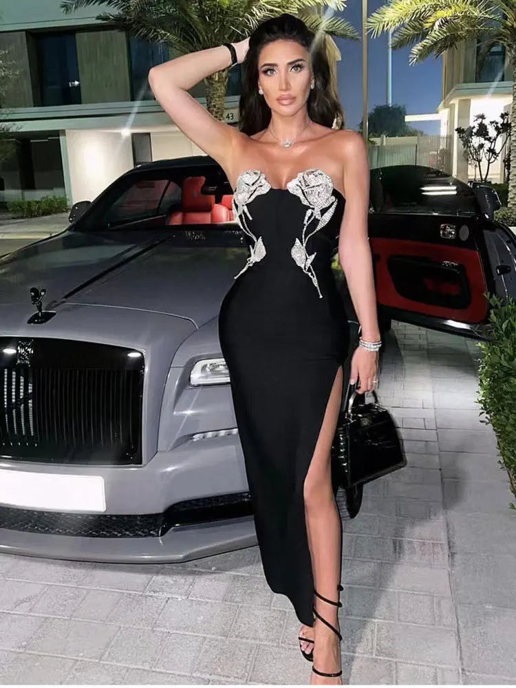 Women Sexy Bandage Dresses Summer Wrap Chest Sleeveless Bodycon Diamond Design Midi Dresses Celebrity Evening Party Vestido