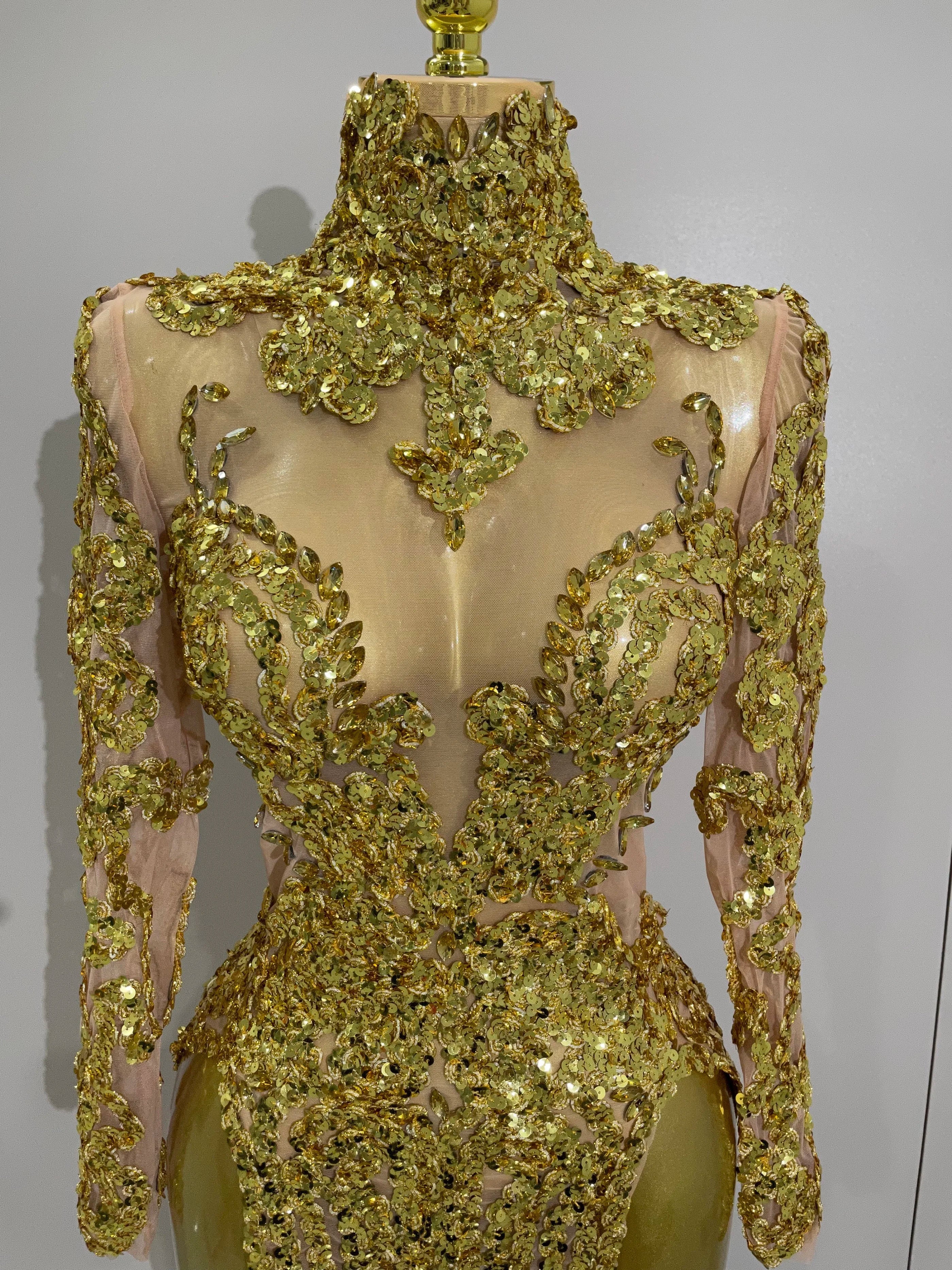 Luxury Sparkly Sequins Stretch Long Sleeve Mesh Mini Dress  Women Birthday Party Nightclub Dancer Stage Performance Costume