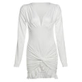 Autumn Cross Ruffle Trim Mini Dress Simple Solid V neck Ruched Full Sleeve Body shaping Frock Female Classic Street Vestido