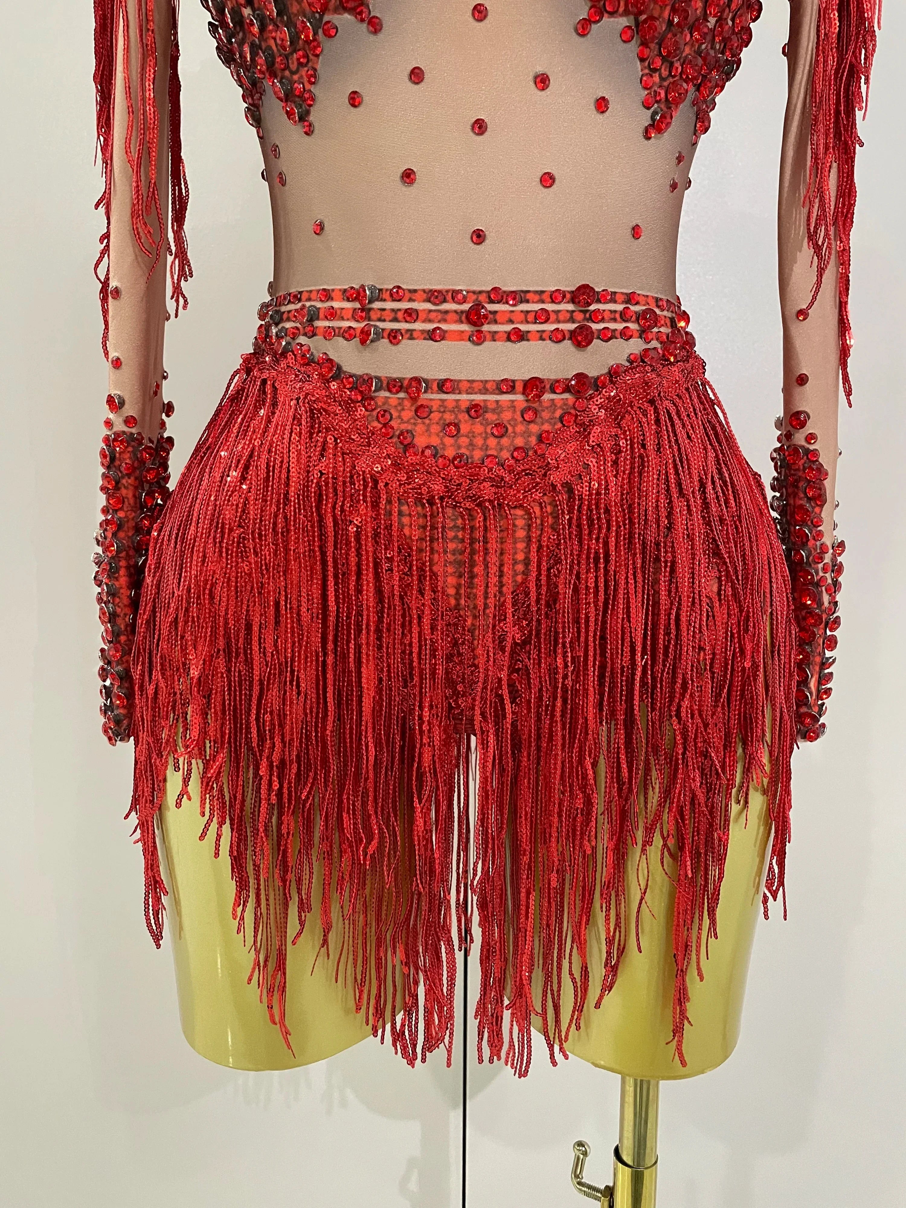 Sparkly Rhinestone Sequin Tassel Stretch Bodysuits  Women Birthday Party Nightclub Dj Stage Performance Costume