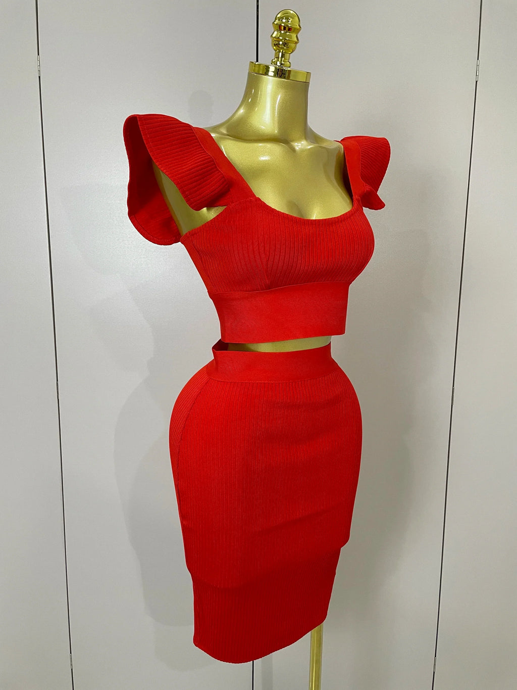 Women  Sexy Backless Ruffles Red Bandage Two Pices Set  Celebrity Evening Elegance Birthday Party Dress