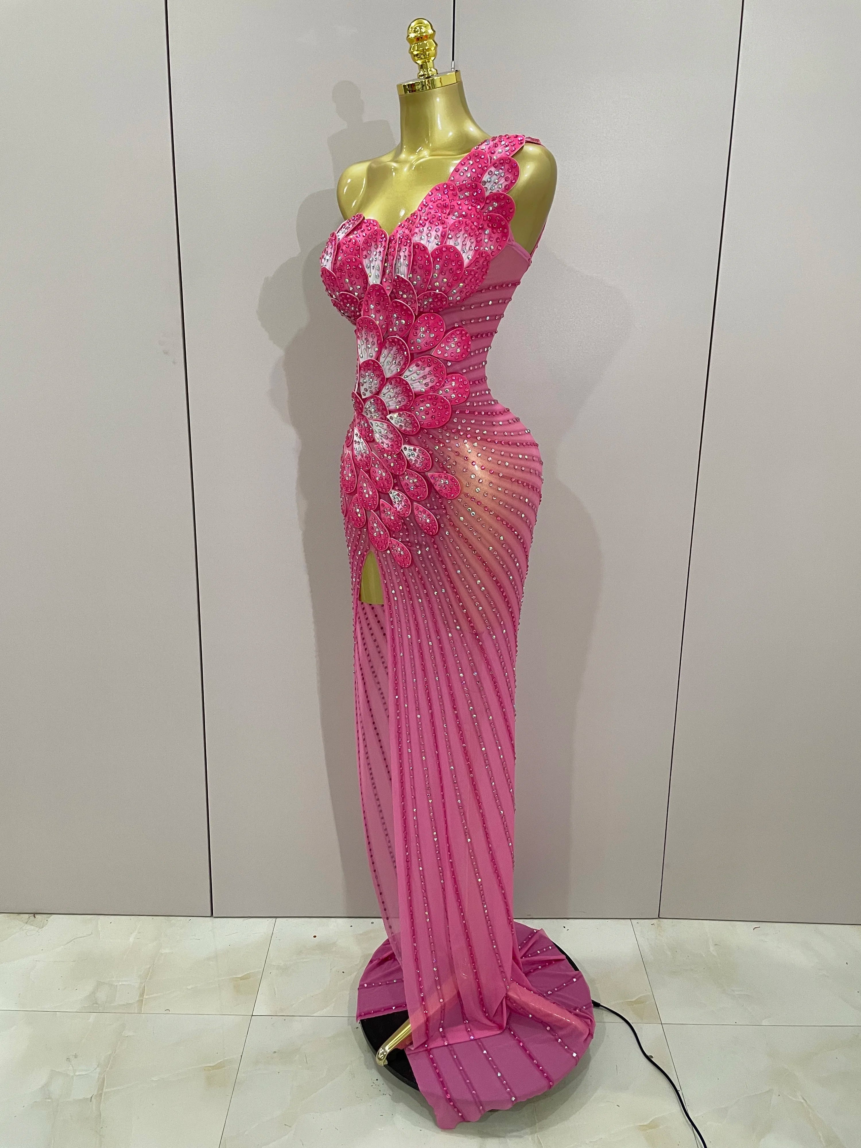 Luxury Shinning Rhinestones Flowers Sexy One Shoulder Bodycon Maxi Long Dress  Women Evening Birthday Party Stage Costume