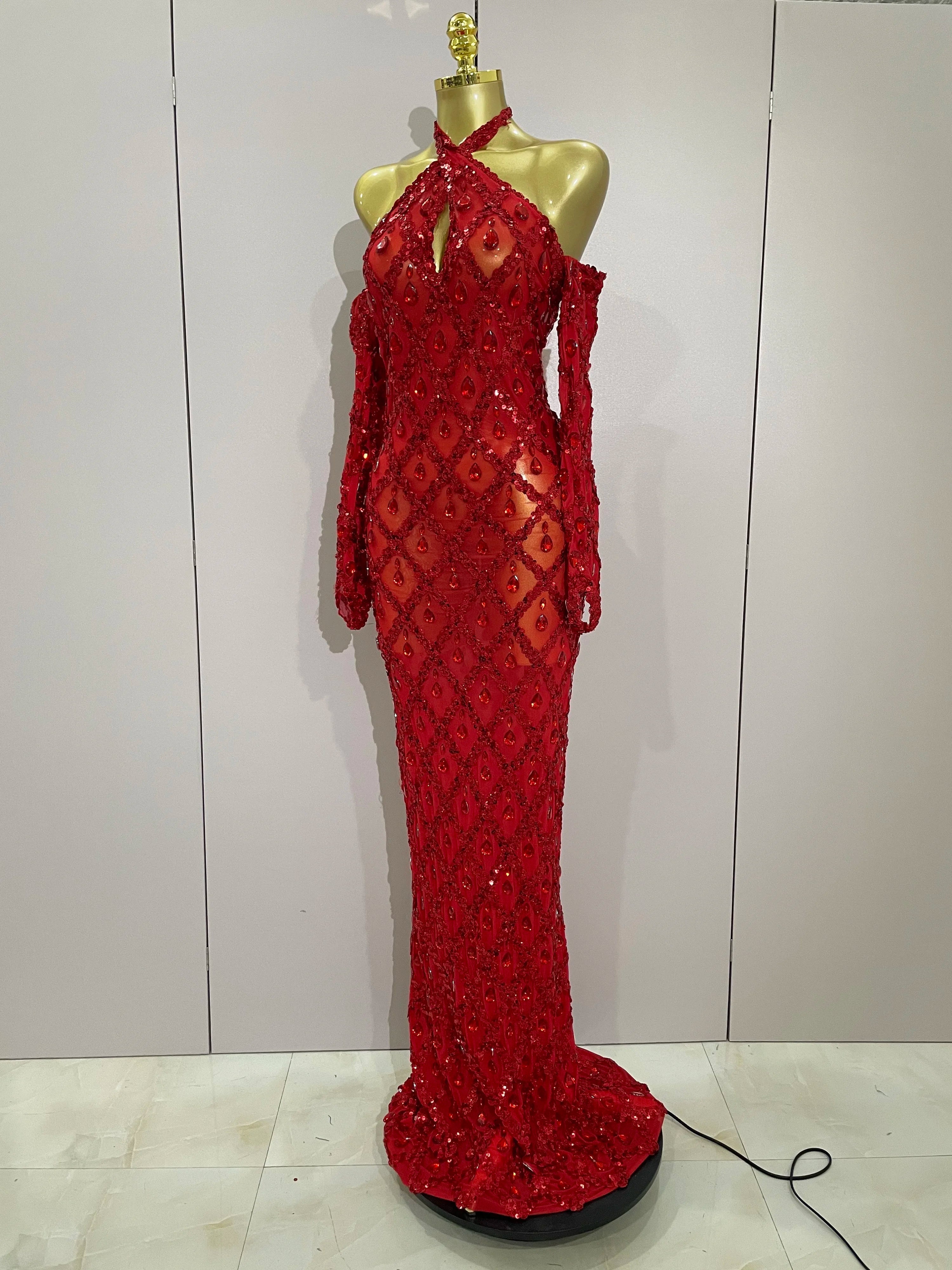 Sexy Sparkly Rhinestones Halter Mesh Long Dress With Gloves  Women Celebrate Evening Wedding Prom Birthday Dress Shoot Wear
