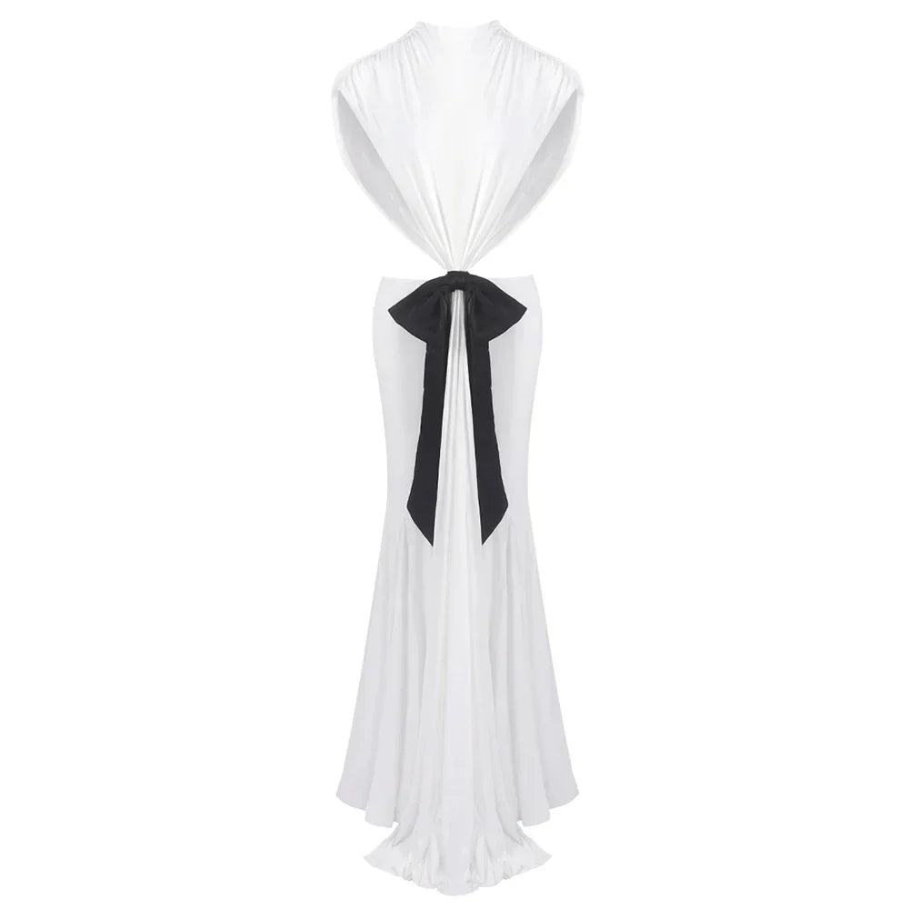 White Purple Women Sleeveless O-Neck Hollow Out Waist Bodycon Floor-length Gown Dress Elegant Evening Party Cocktail Outfit WHITE