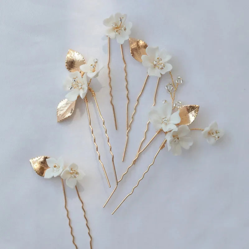 Bridal Accessories Porcelain Flower Hair Pins Clips Vintage Gold Color Hairpins For Brides Women Head Pieces Wedding Jewelry