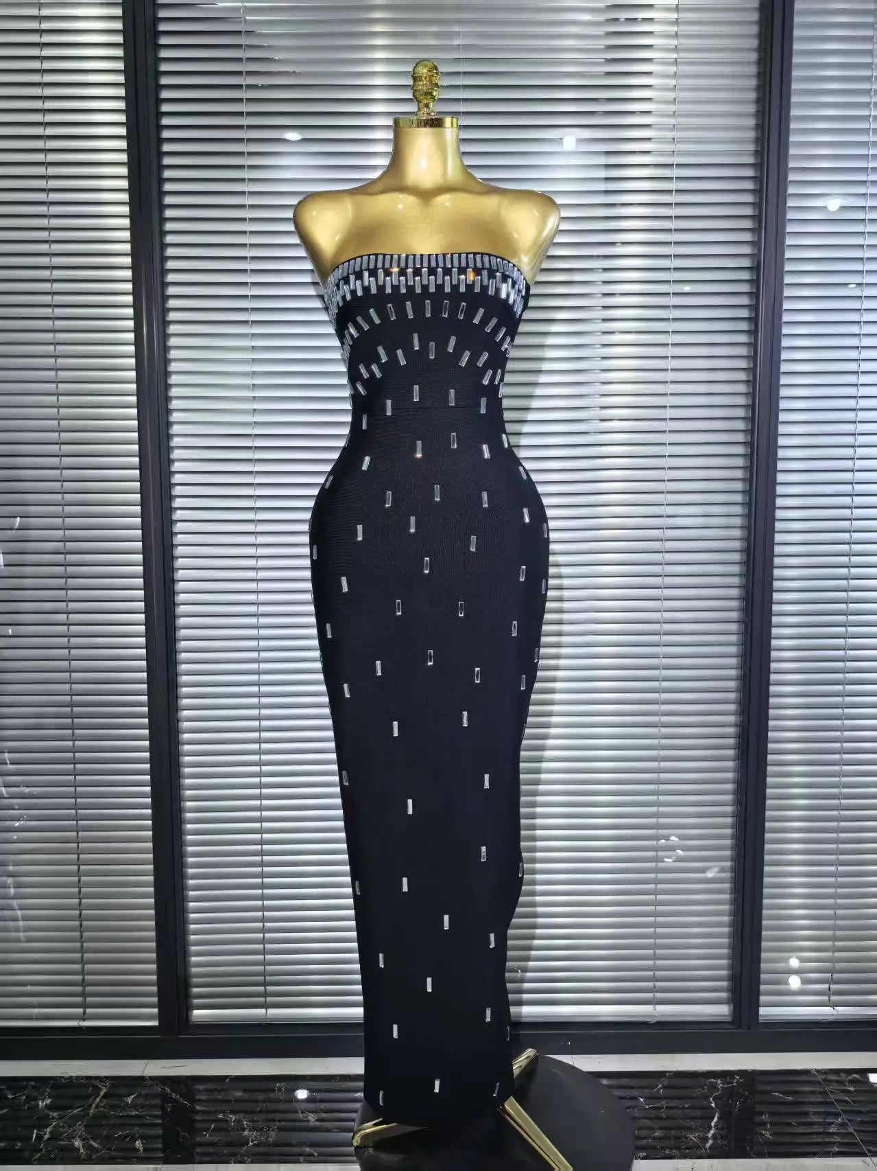 Women Sexy Strapless Shinning Crystal Bodycon Long Bandage Dress Elegant Evening Party Cockail Vacation Outfit black