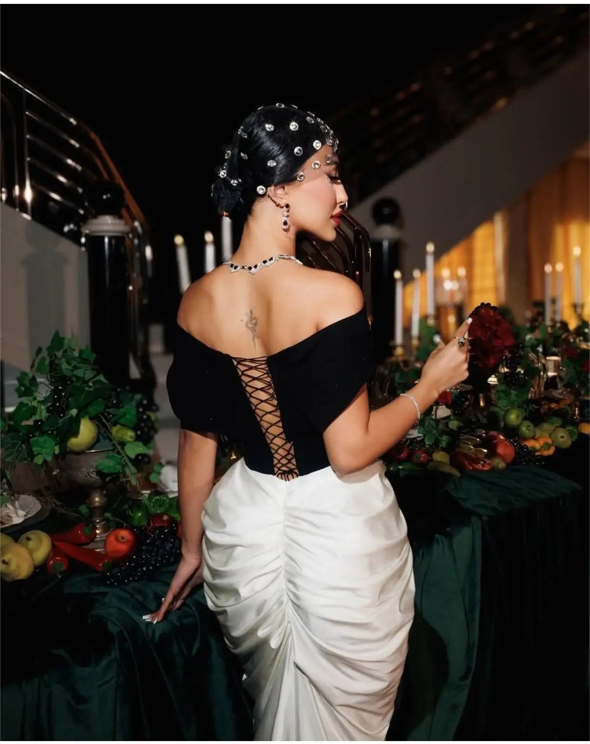 Sexy Off The Shoulder Package Hips Black Patchwork White Floor Length Dress Graceful Woman Party Dress Cocktail Party Outfit