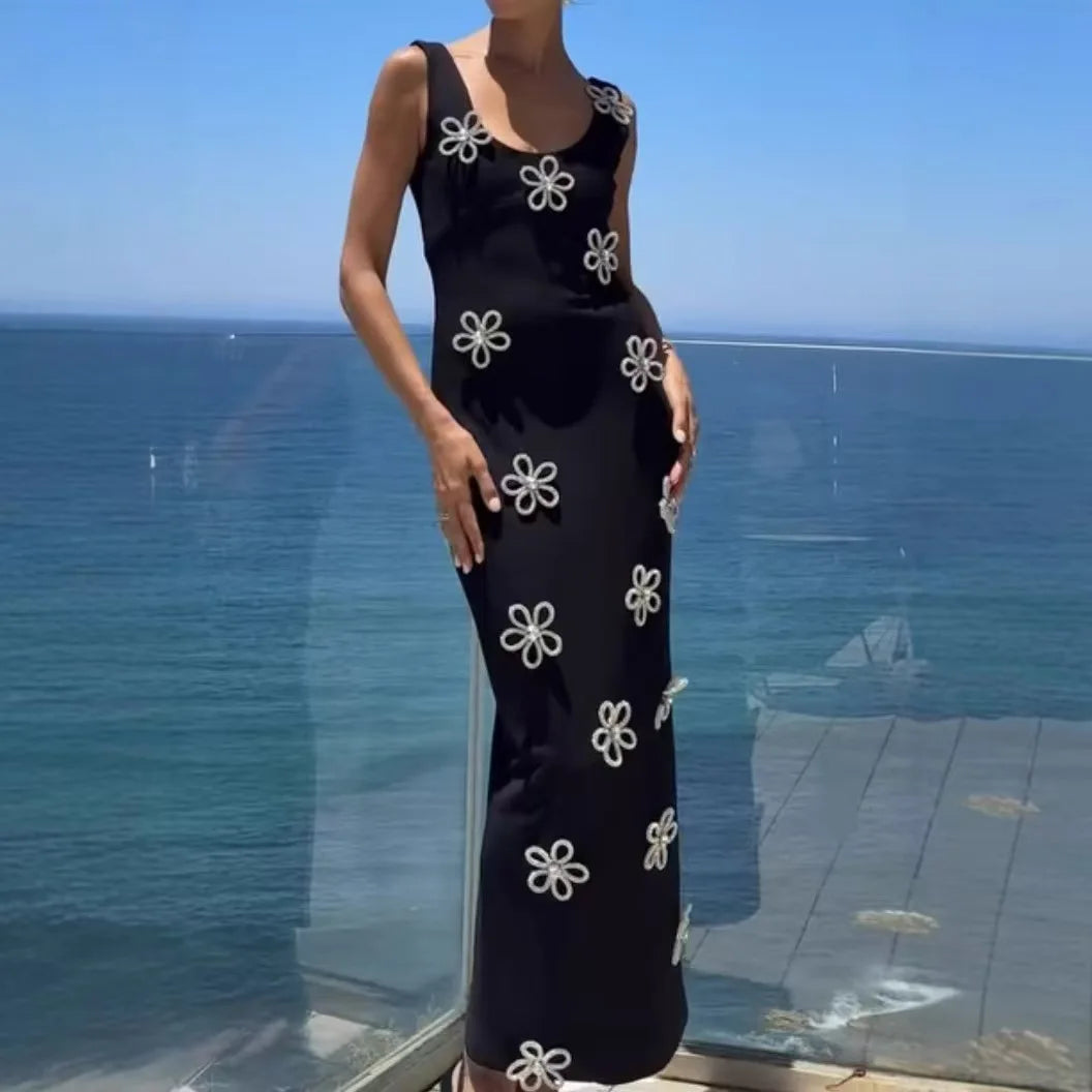 Women Sleeveless Sexy O-Neck Diamond Flowers Bodycon Long Bandage Dress Celebrate Evening Party Office Lady Outfit
