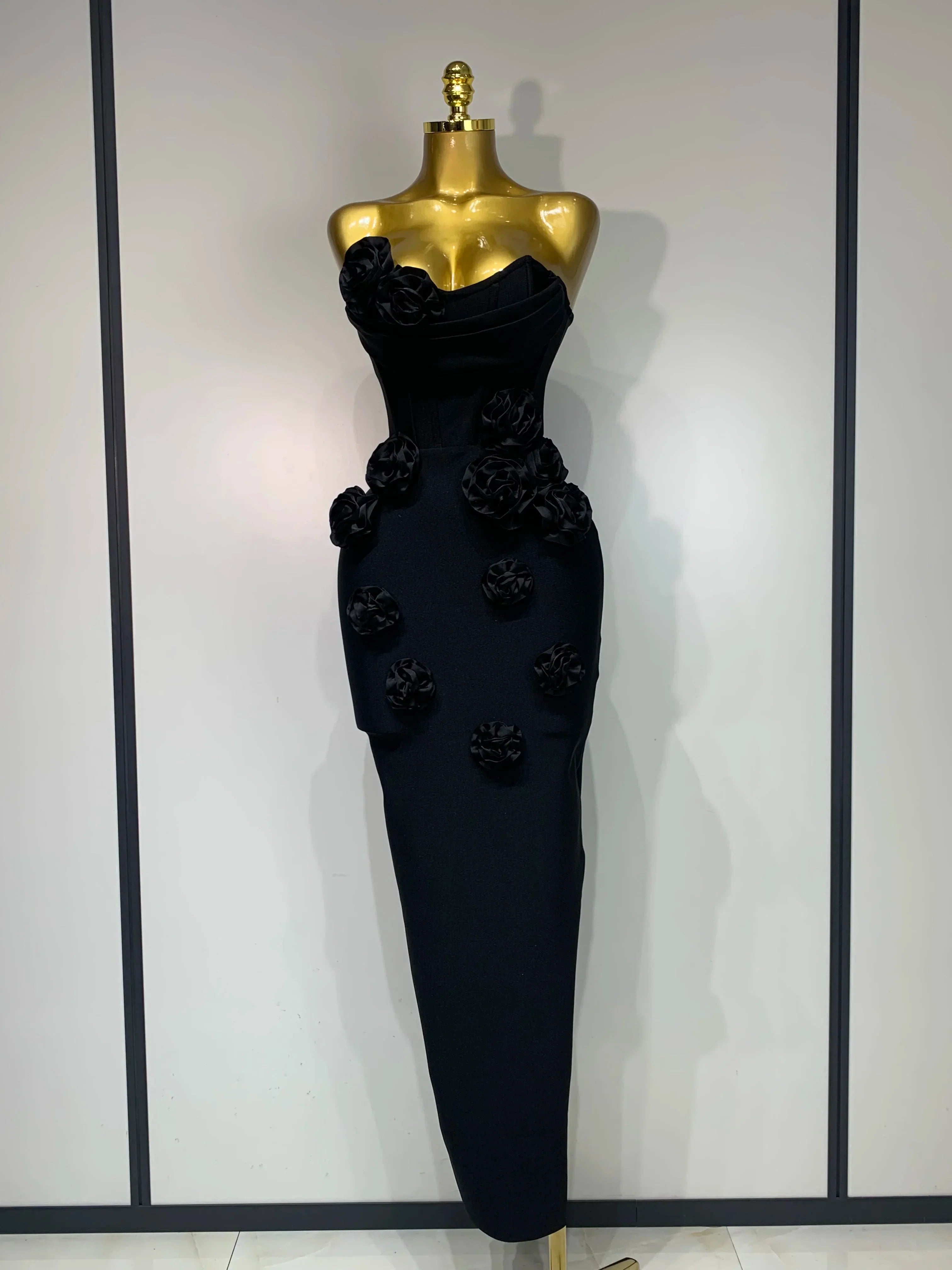 Newest Women Sexy Strapless Backless Red Flower Midi Bandage Dress Celebirty Elegant Evening Club Party Birthday Dresses black