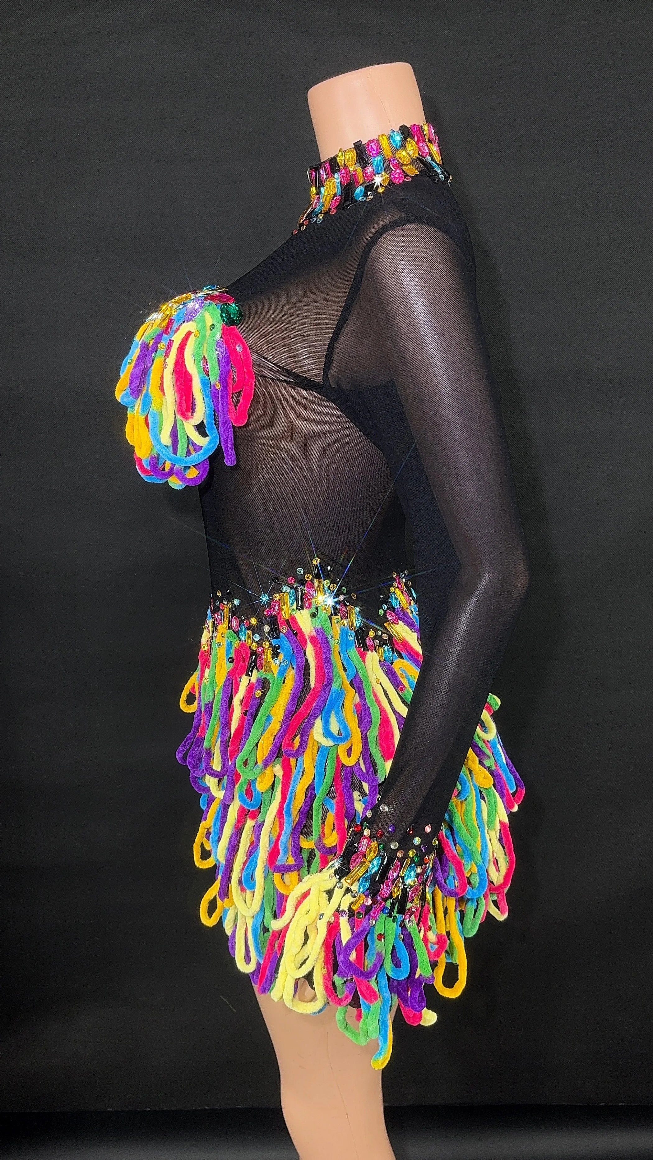 Women Shiny Colorful Diamonds Sexy Stretch Transparent Mesh Short Dress Nightclub Party Singer Stage Performance Costume