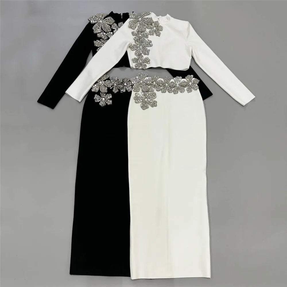 Women Long Sleeve Diamond Florals Bodycon 2 Pieces Mini Bandage Dress Celebrate Nightclub Party Birthday Dress WHITE