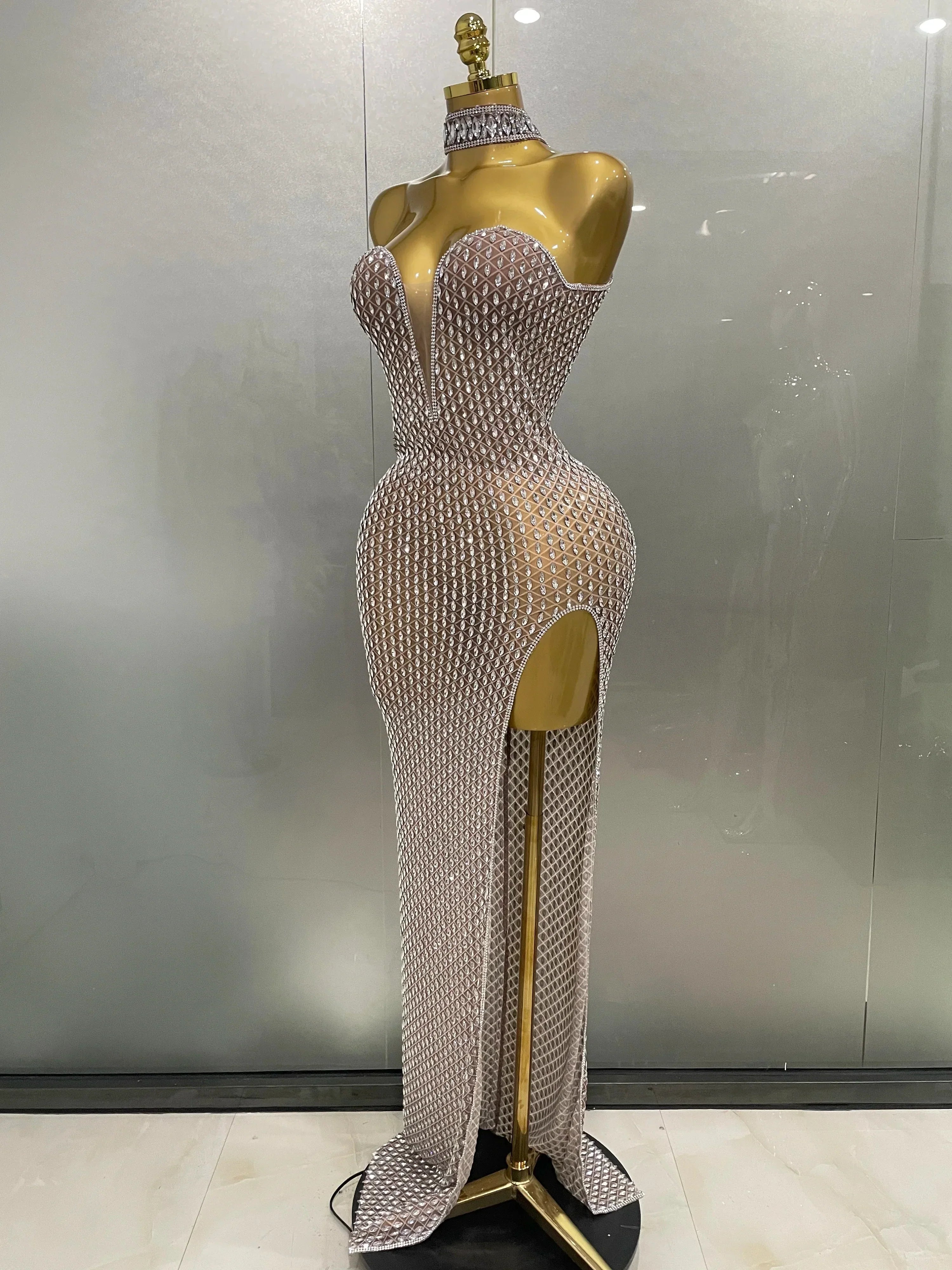 Luxurious Full Rhinestones Mesh Transparent long dress Women Birthday Celebrate Evening Prom Dress party Club Stage Costume