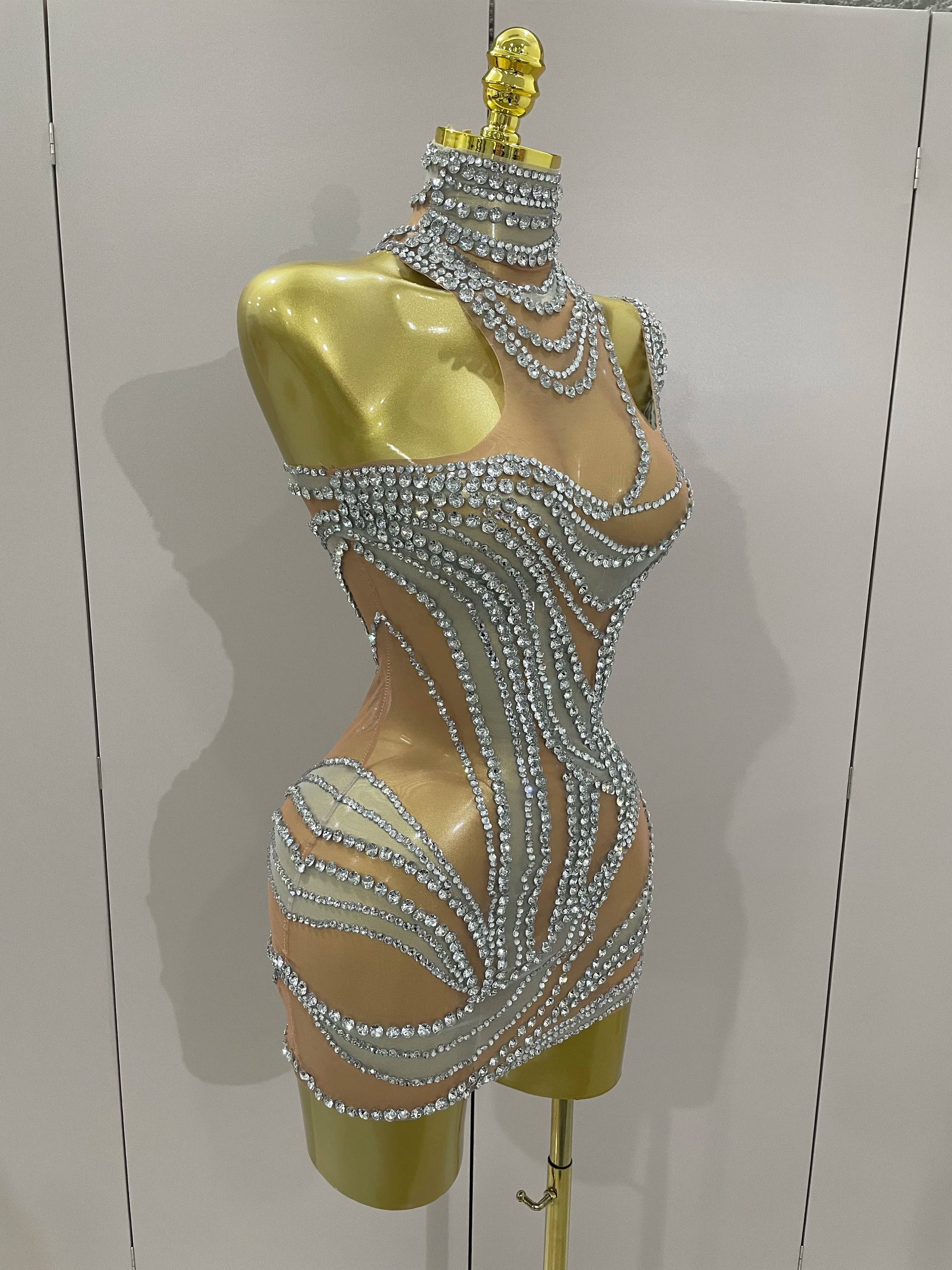 Luxury Sparkly Crystals See Through Mini Dress Women Celebrate Birthday Party Gowns Singer Performance Stretch Stage Costume