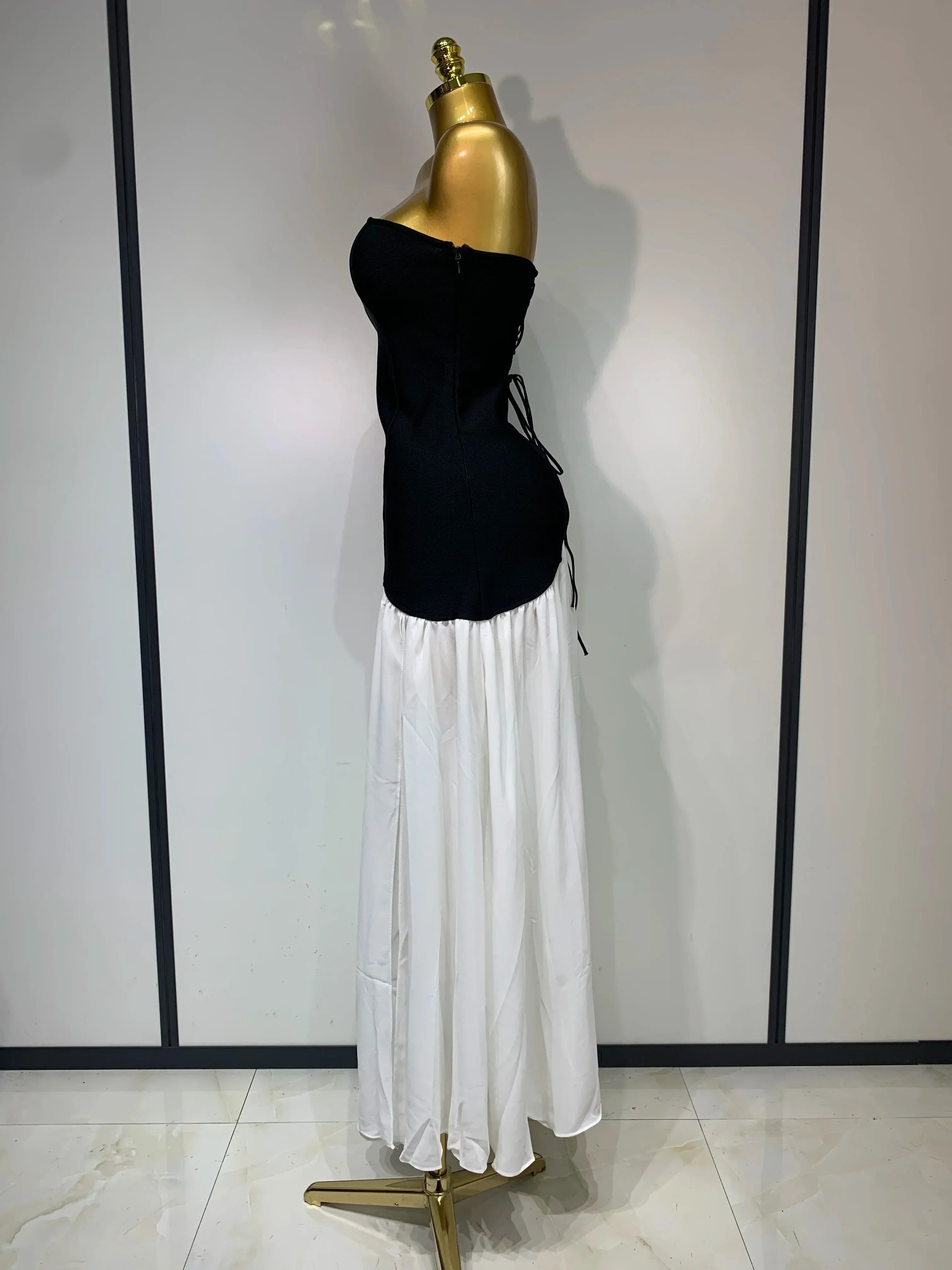 Sexy Strapless Backless Patchwork Maxi Long Bodycon Bandage Dress  Celebrity  Elegant Evening Party Luxury Birthday Dress