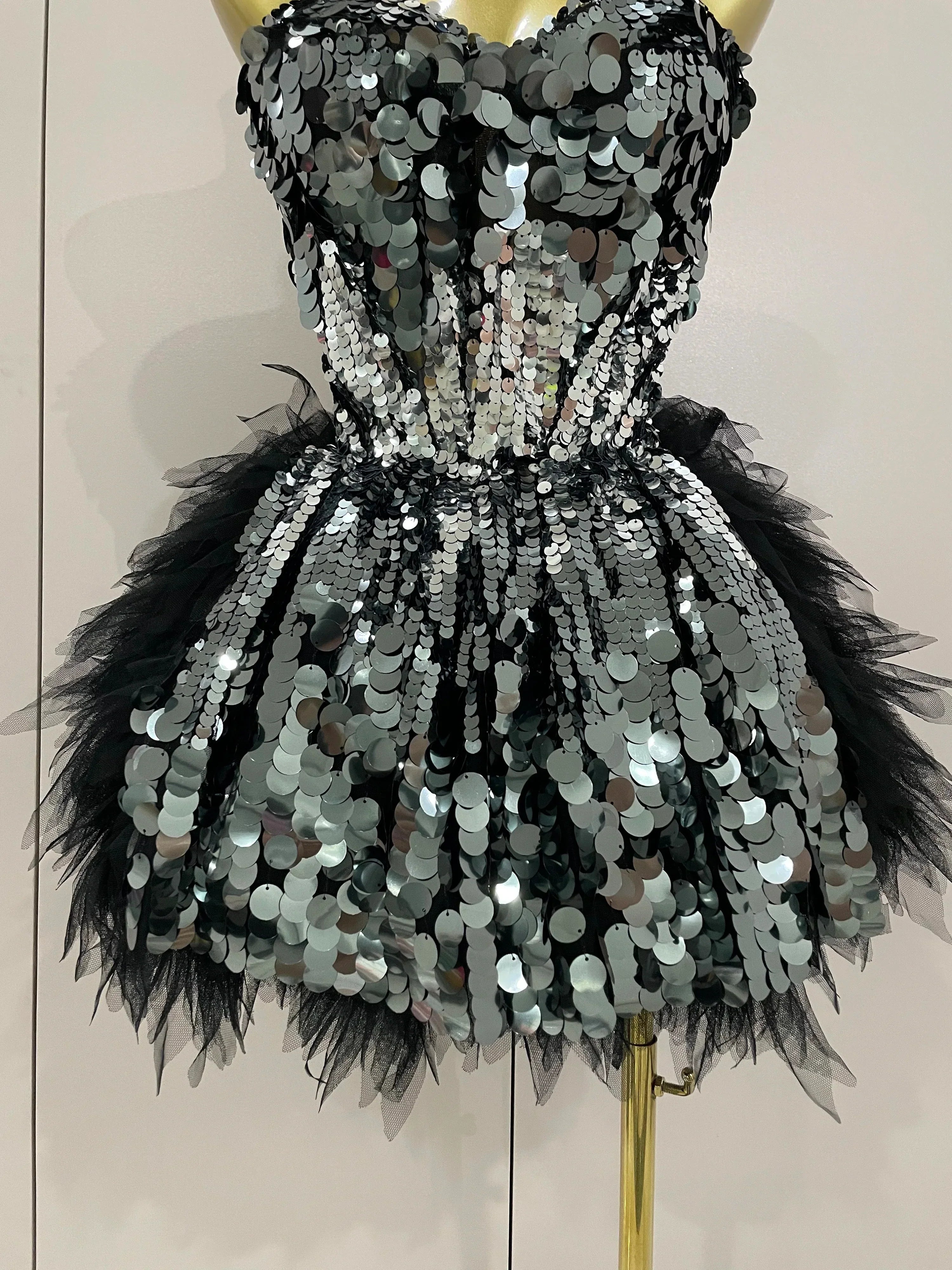 Sparkly Black Sequins Two Pieces Set  Women Party Evening Prom Celebrate Birthday Dress Nightclub Photo Shoot Stage Costume