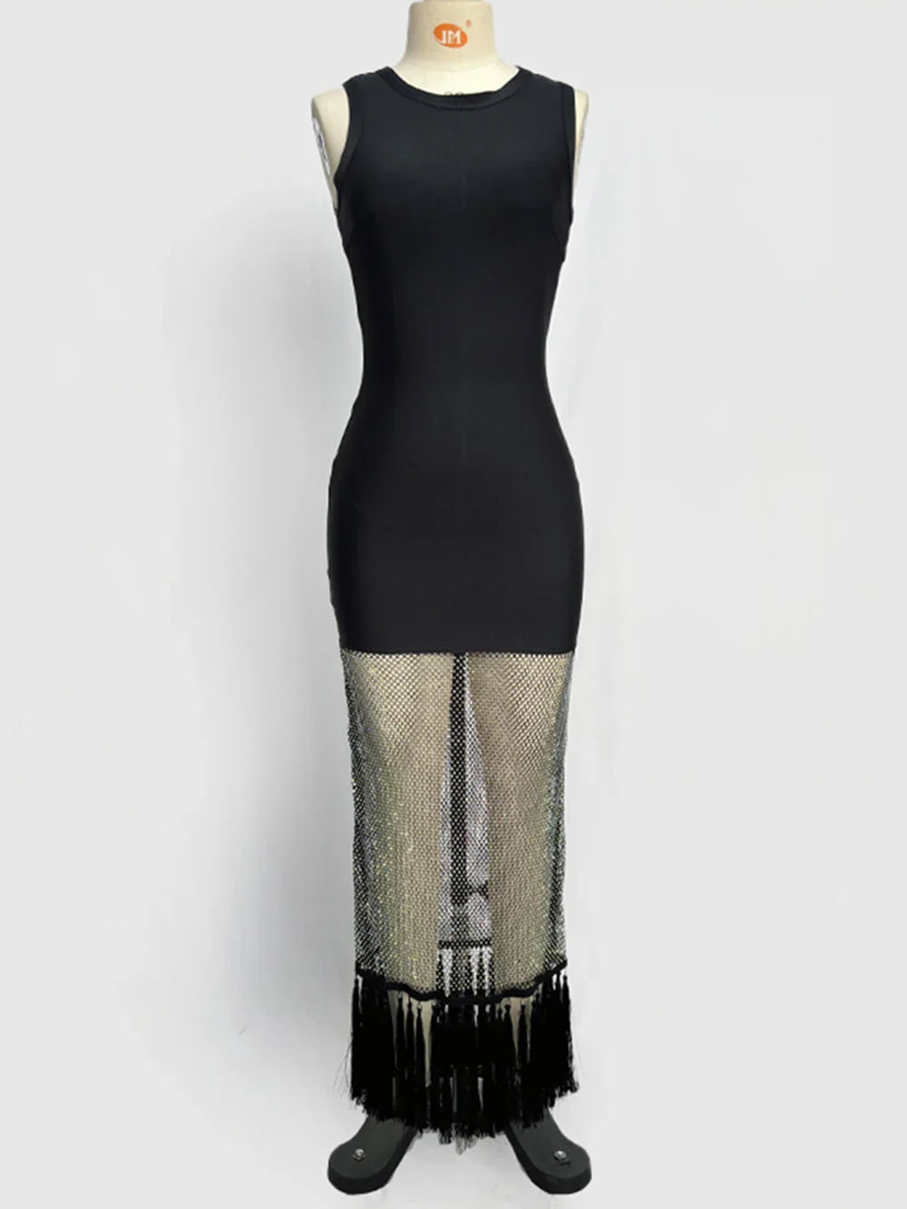 Black tassels Evening Party bandage Long Dresses Elegant Sleeveless Diamond Mesh Patchwork Maxi Dress Women Summer Vestidos