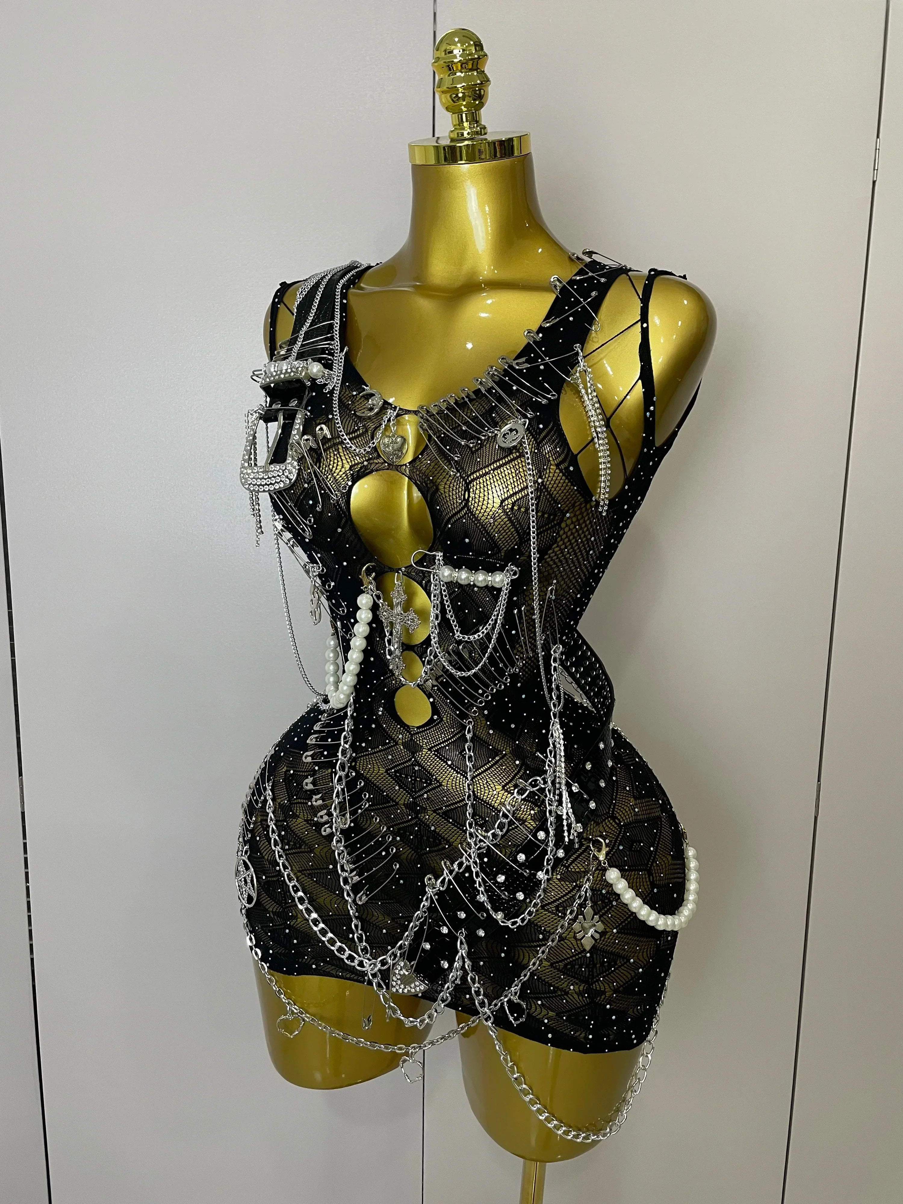 Sexy Fashion Pin Decoration Fringe Beading Short Party Dress  Women Hollow Out Nightclub Performance Singer Costume