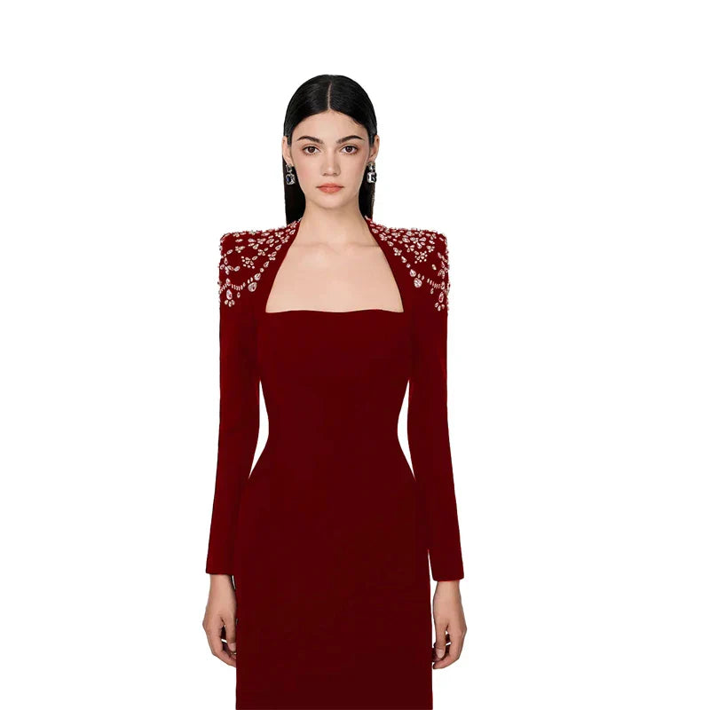 Black Winered Women Long Sleeve Square Collar Shinning Crystal Bodycon Long Bandage Dress Elegant Evening Party Wear Claret