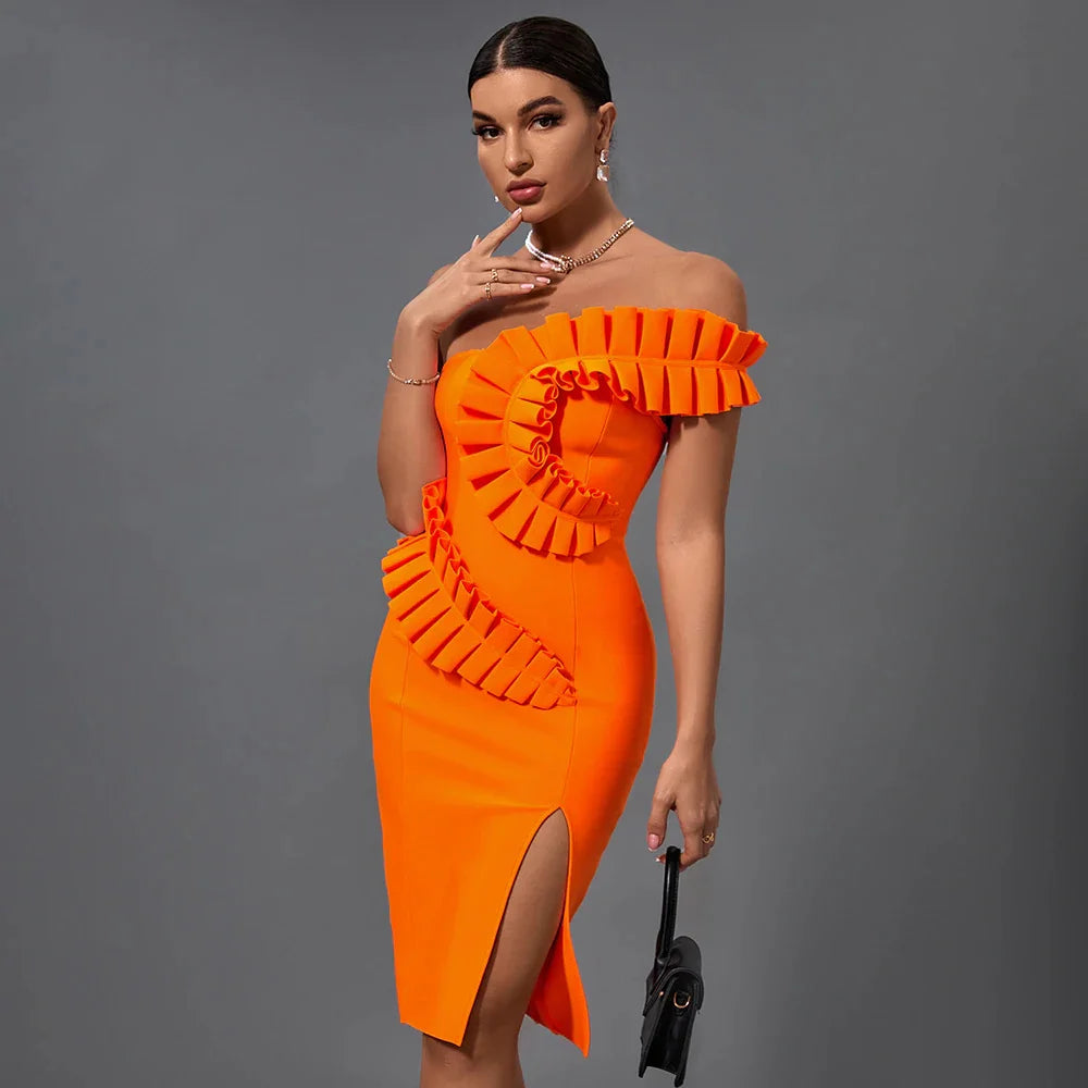 Summer Women One Shoulder Sexy Ruffles Bodycon Mini Dress Bandage Rayon Celebrate Birthday Party Dress Vestido Orange