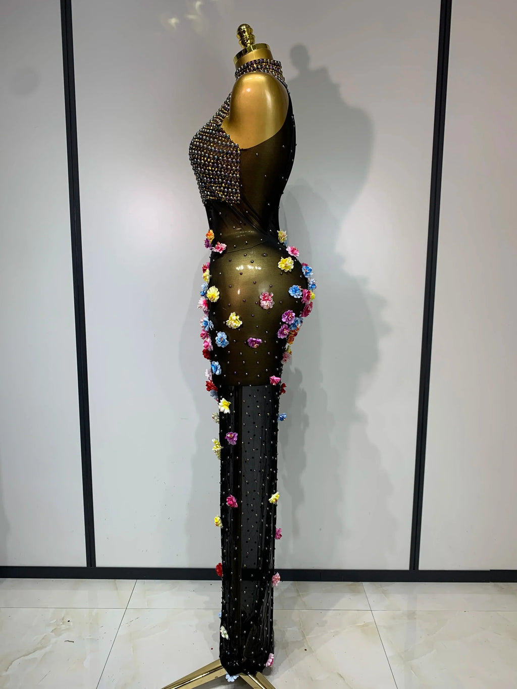 Luxury Rhinestones Flowers Sexy See Through Long Dress  Elegant Evening Party Birthday Wedding Guest Dress Club Stage Outfit