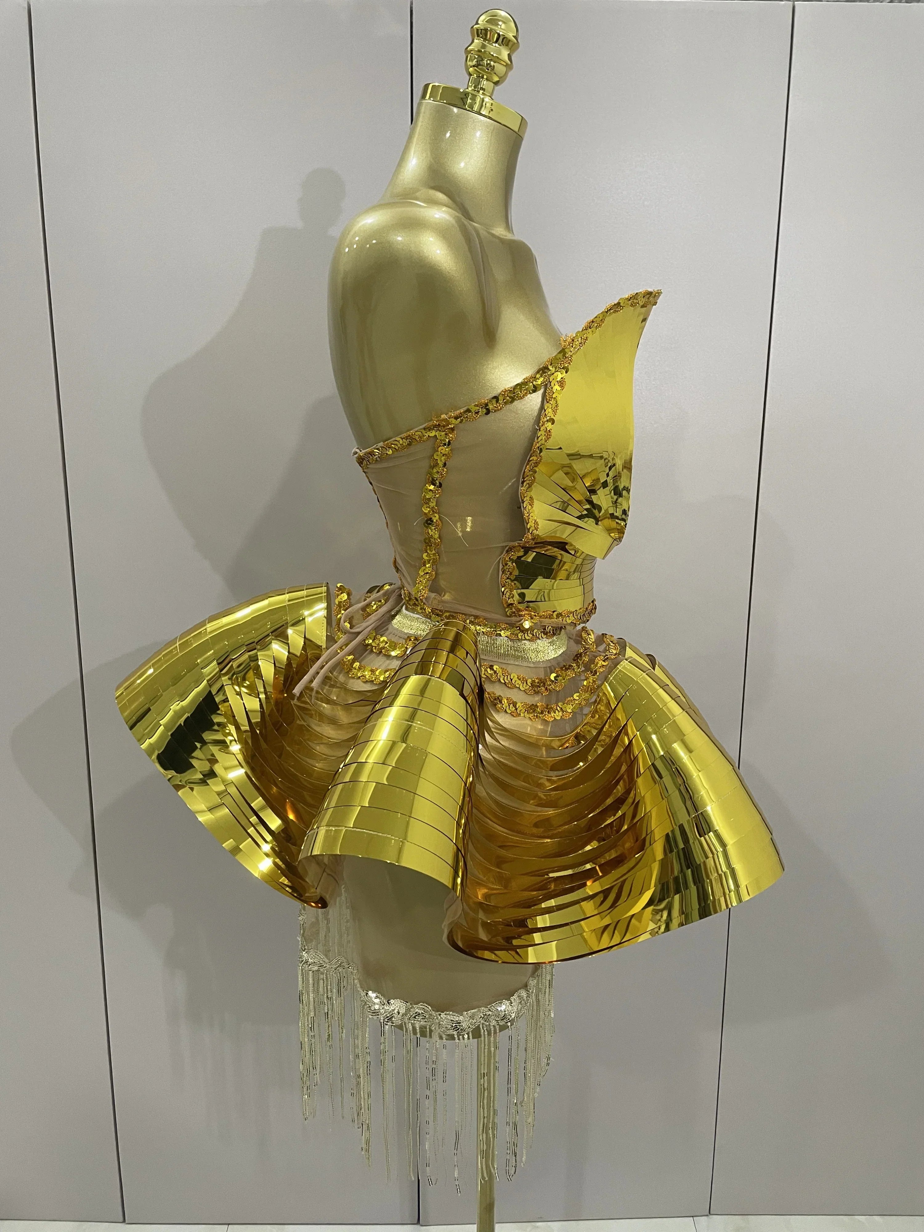 Shiny Gold Mirrors Sexy 2 Pieces Mini Dress  Women Celebrate Birthday Party Performance Stage Costume Festival Wear