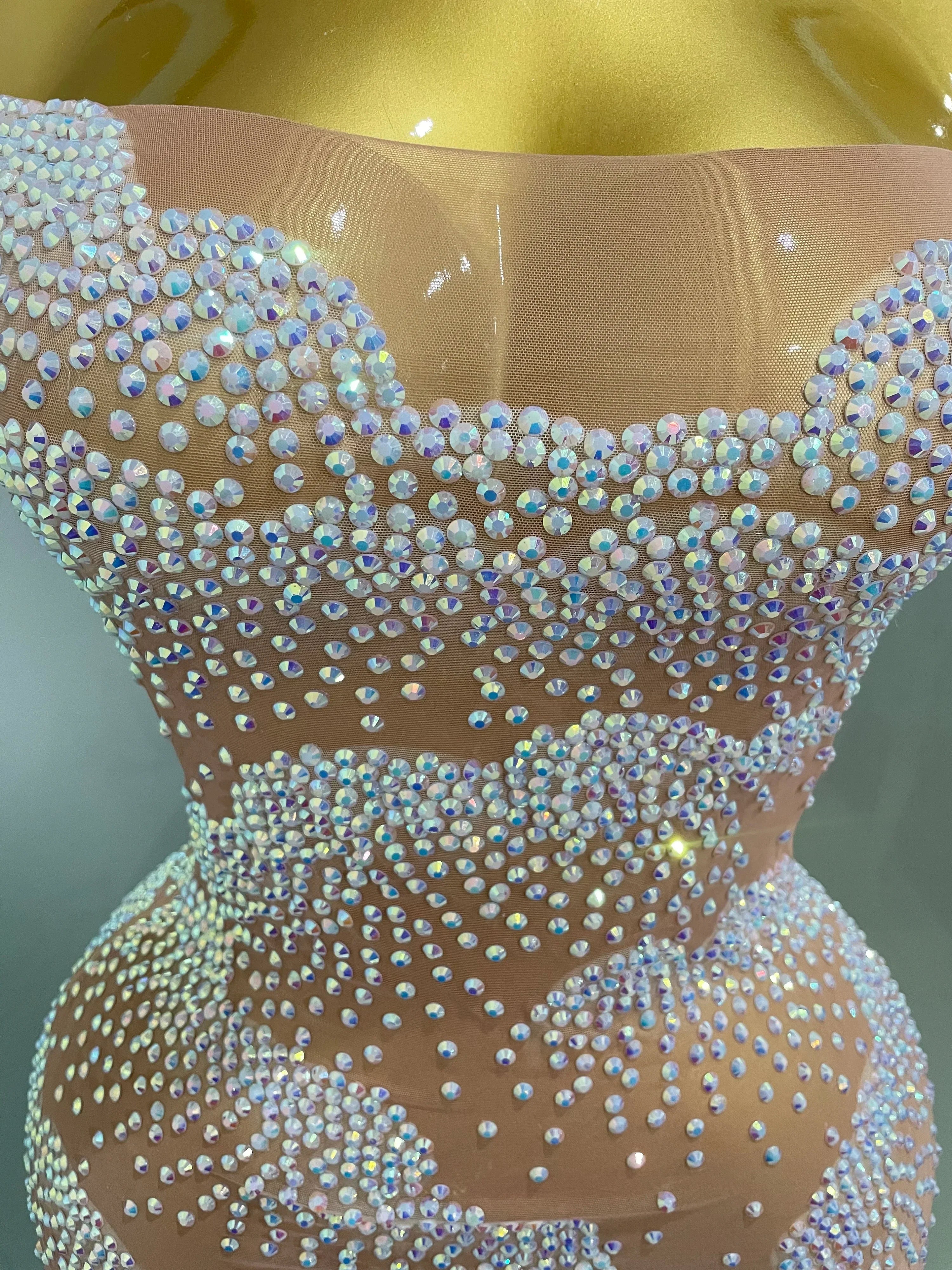Sexy Sparkle Rhinestone Transparent Stretch Mini Dress  Women Evening Birthday Party Club Stage Performance Costume