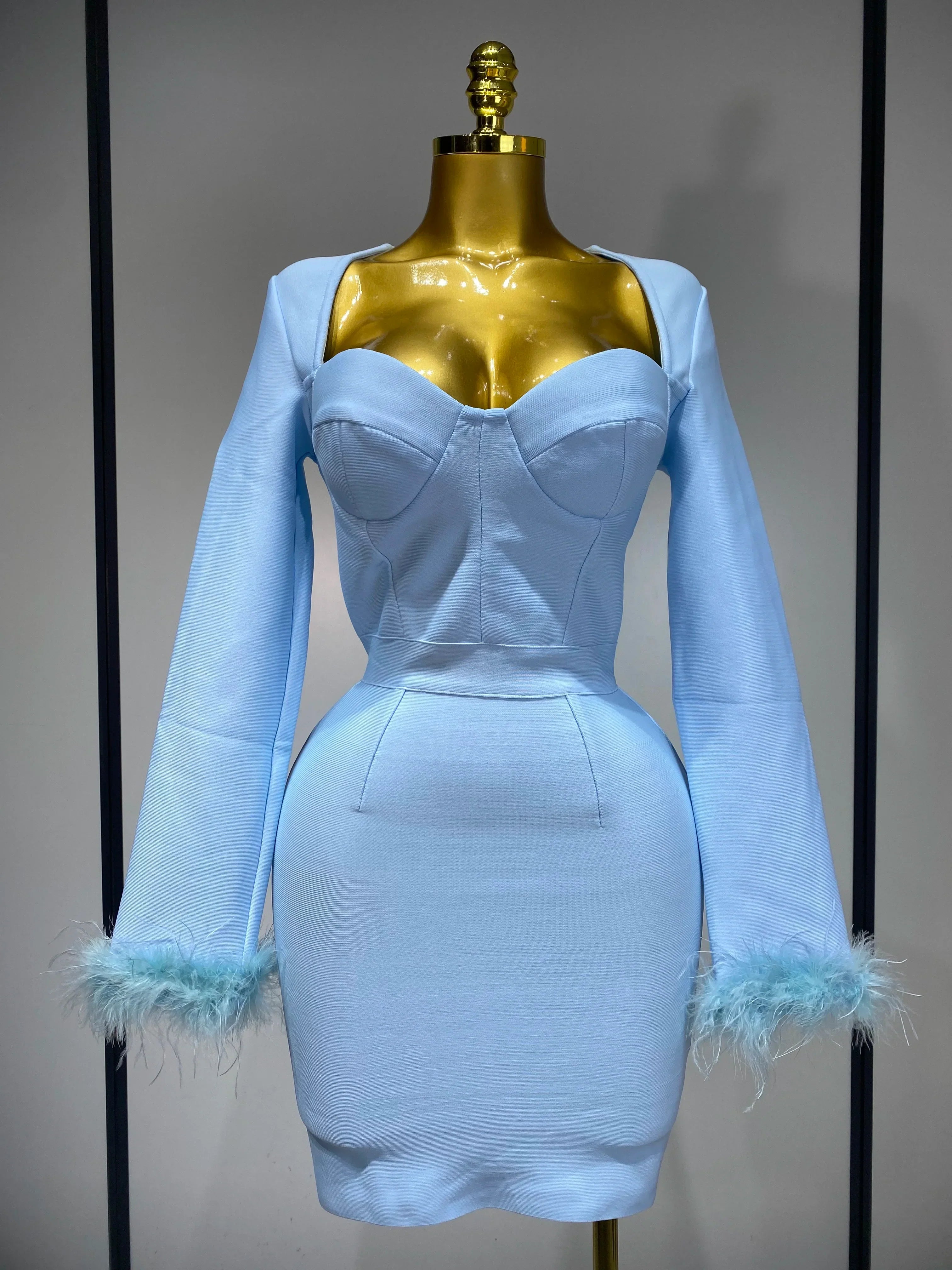 Women Fashion Sexy Long Sleeve Feathers Mini Bodycon Bandage Dress Elegant Evening Party Club Luxury Birthday Dresses SKY BLUE