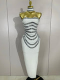 Women Sexy Backless Strapless Black Beading Long Bandage Bodycon Dress Celebrity Elegant Evening Luxury Birthday Dresses WHITE