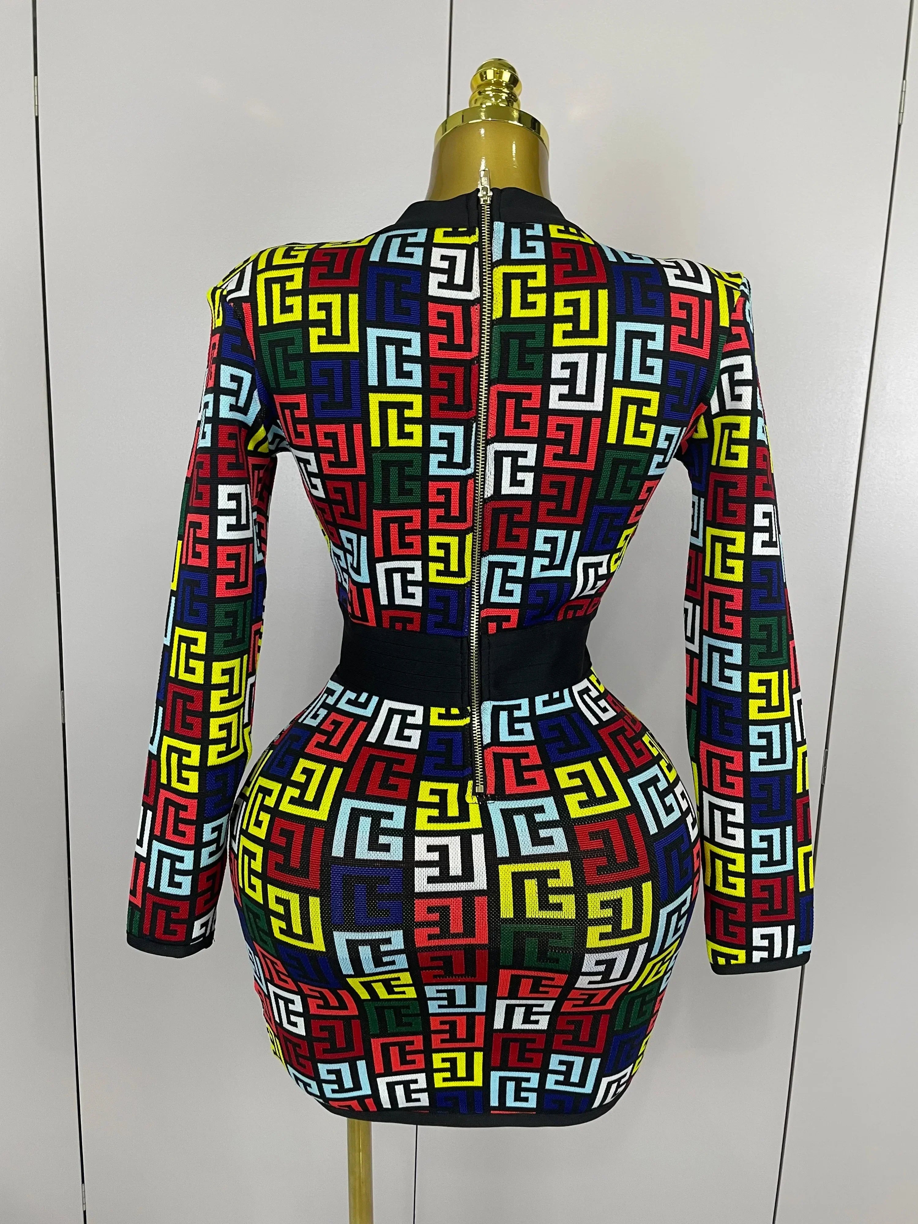 Sexy V-Neck Long Sleeve Bodycon Jacquard Short Bandage Dress  Women Elegant Evening Luxury Birthday Party Cocktail Outfit