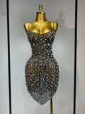 Luxury Diamond Mesh See Through Stretch Bodycon Dress Women Sexy Sleeveless Evening Party Birthday Celebrate Perform Costume Dark Green