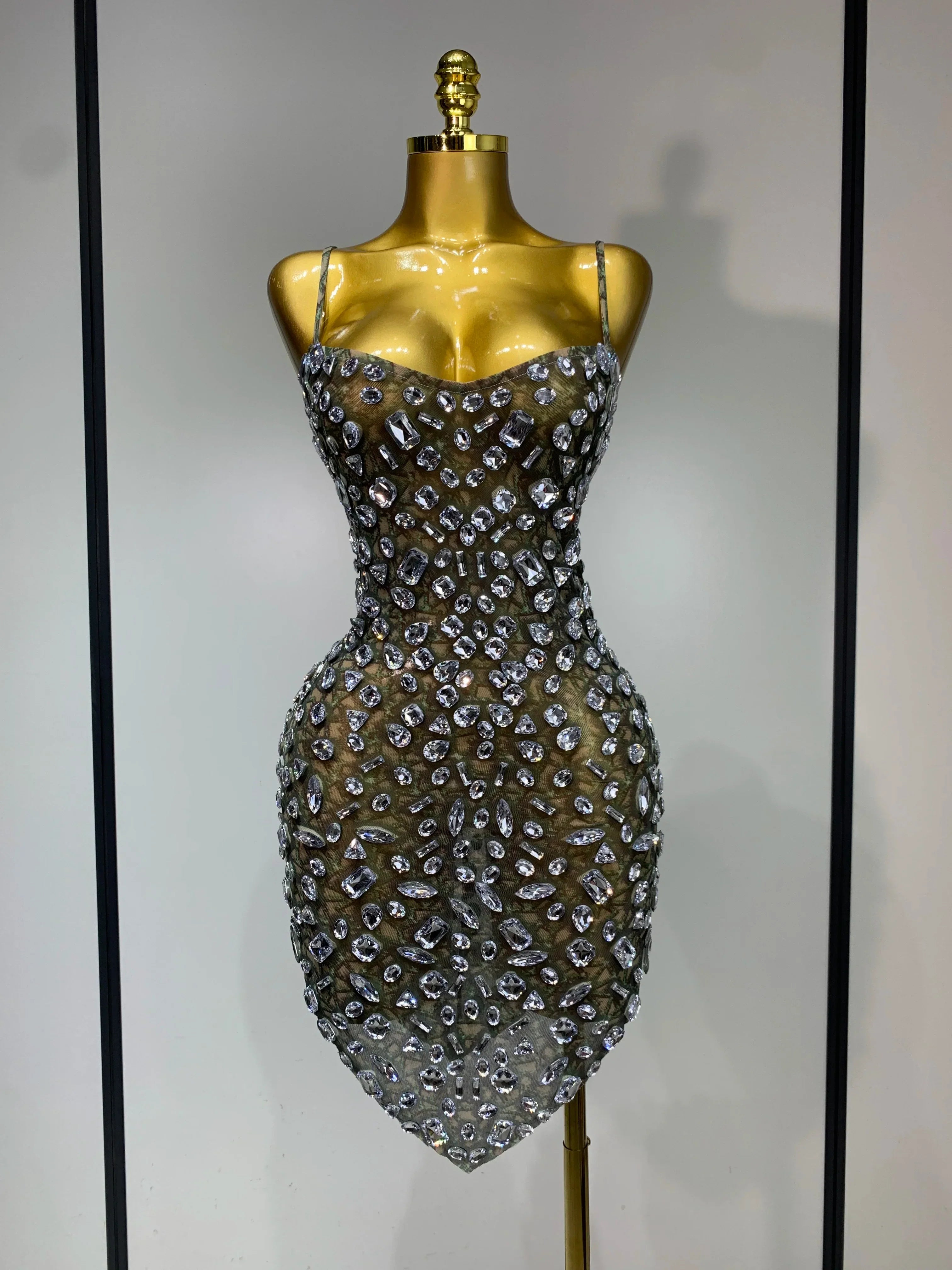 Luxury Diamond Mesh See Through Stretch Bodycon Dress Women Sexy Sleeveless Evening Party Birthday Celebrate Perform Costume Dark Green