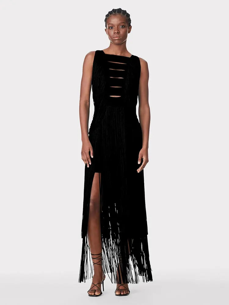 Sexy Women's Wear Heavy Industry Tassel Bandage Dress O-Neck Sleeveless Slim Fit Long Dress Cocktail Evening Party Vestidos black