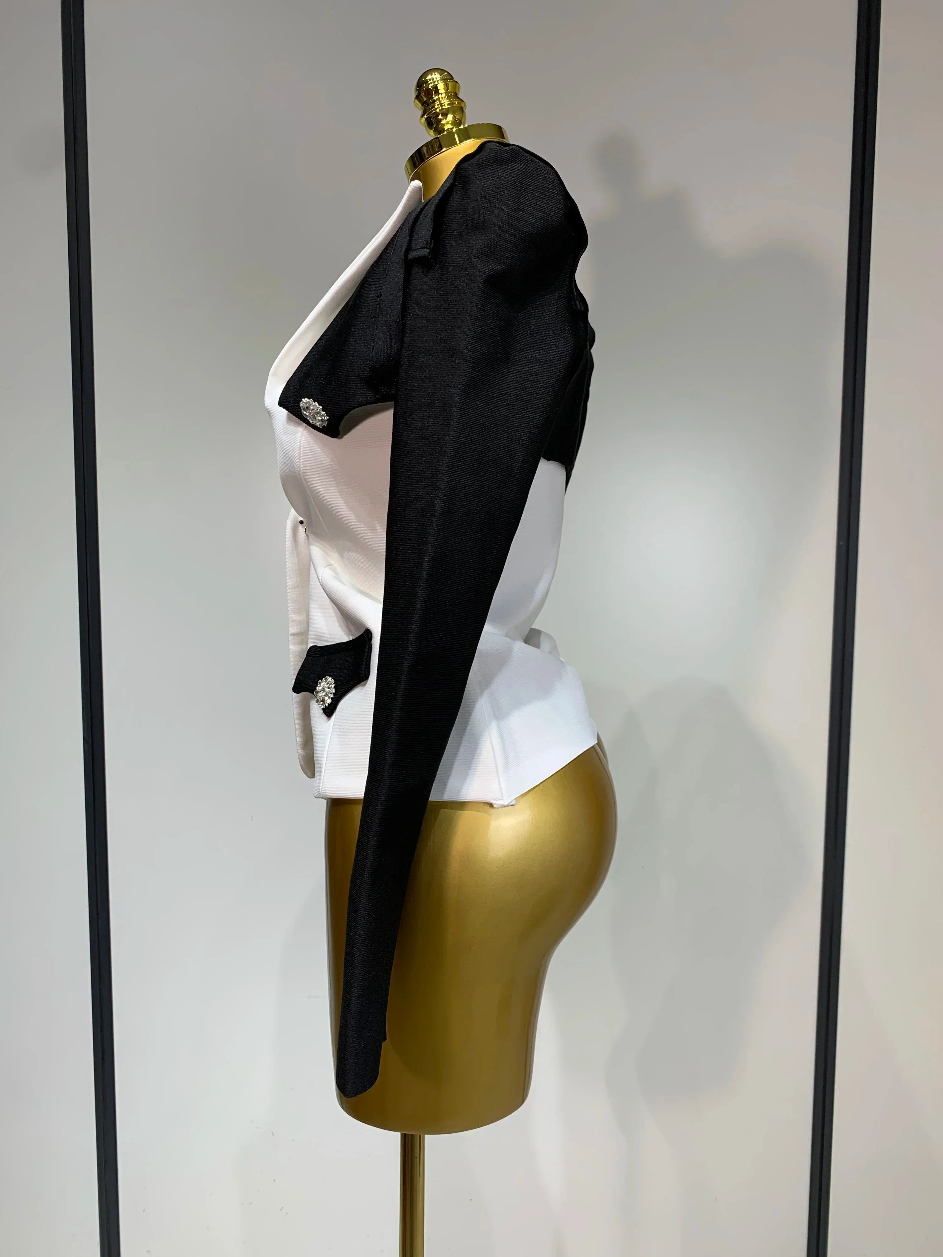 Fashion Black White Bandage Jacket Two Piece Set Women Slim Fit Diamond Button Suit Jackets Coat