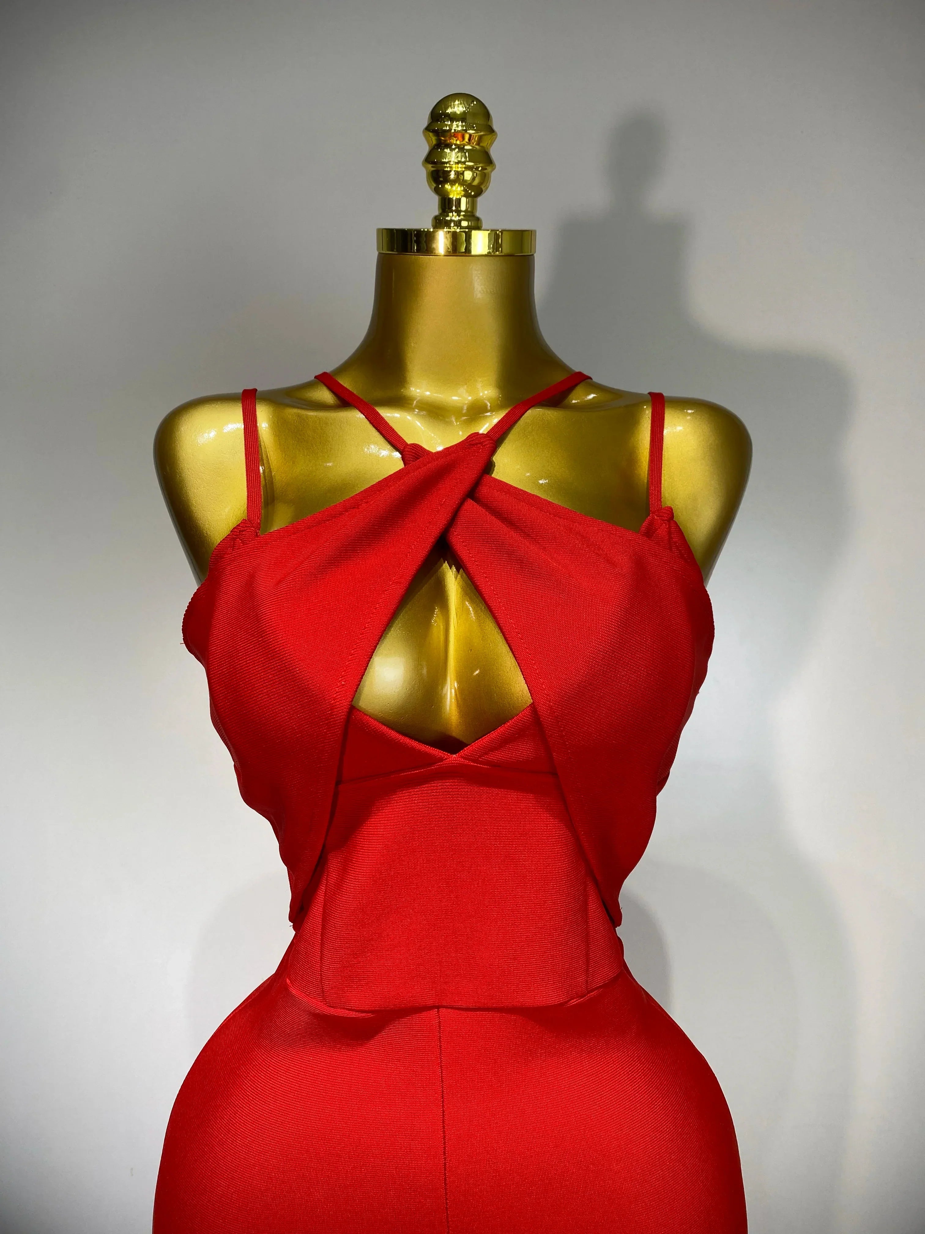 Women Sexy Sleeveless Hollow out Split Backless Red Midi Bandage Dress  Celebrity Elegant Evening Luxury Birthday Dresses