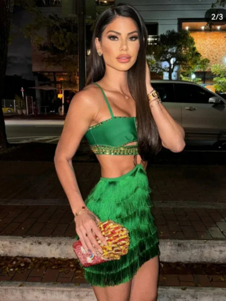 Stylish Tassel Sexy Hollow Out Spaghetti Strap Mini EvenDress  Summer Holiday Vocation Vestido Music festival Outfit