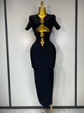 Women Sexy Cut Out Short Sleeve Bodycon Long Dress Party Evening Celebrate Birthday Black Bandage Knitted Club Prom Gown black
