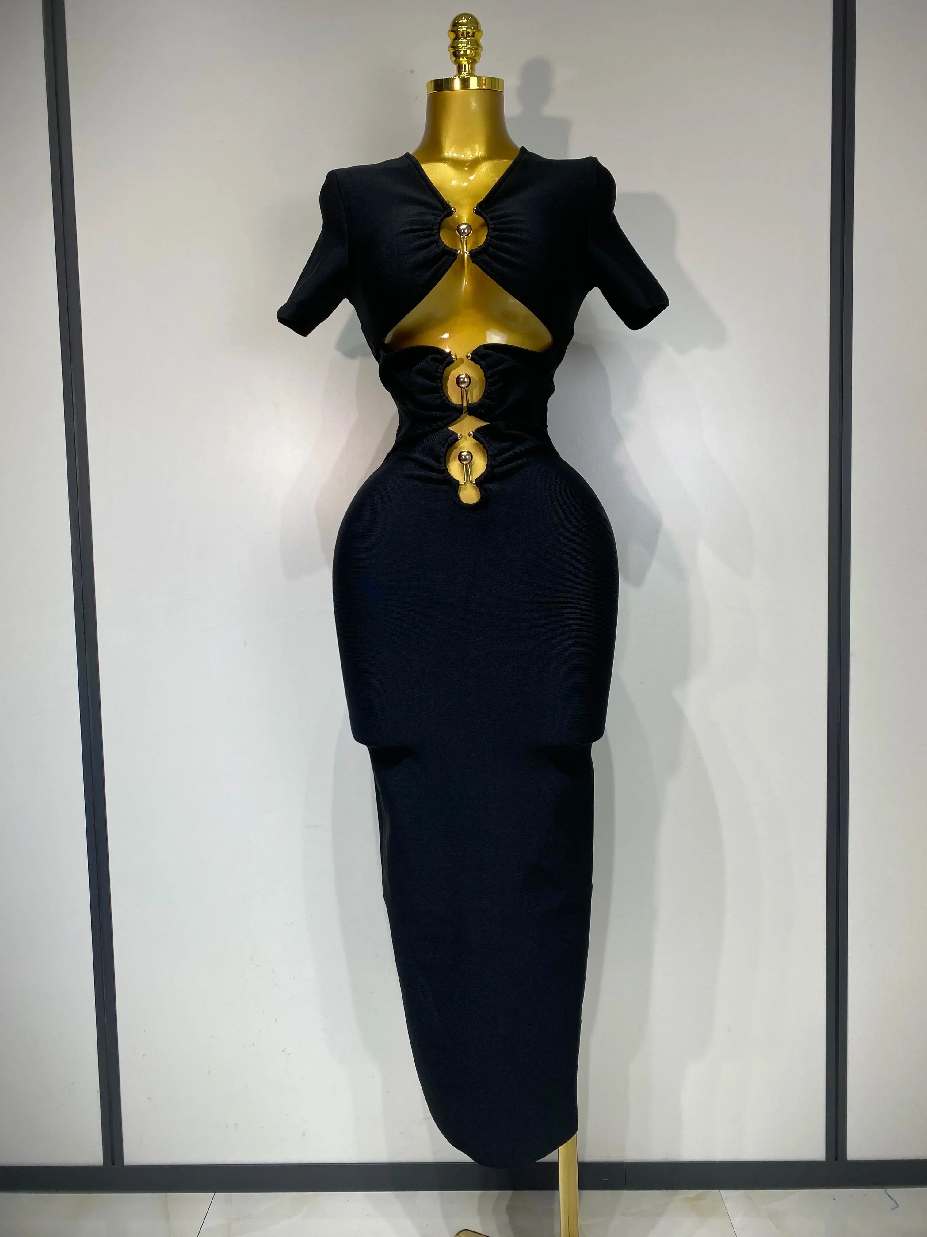 Women Sexy Cut Out Short Sleeve Bodycon Long Dress Party Evening Celebrate Birthday Black Bandage Knitted Club Prom Gown black