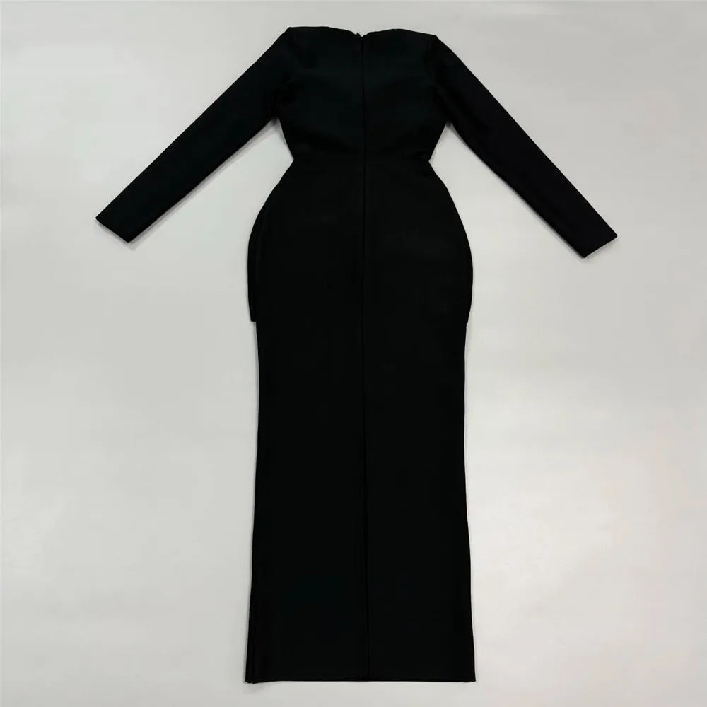 Women Long Sleeve Sqaure Collar Shinning Diamond Bodycon Long Bandage Dress Celebrate Elegant Evening Party Wear